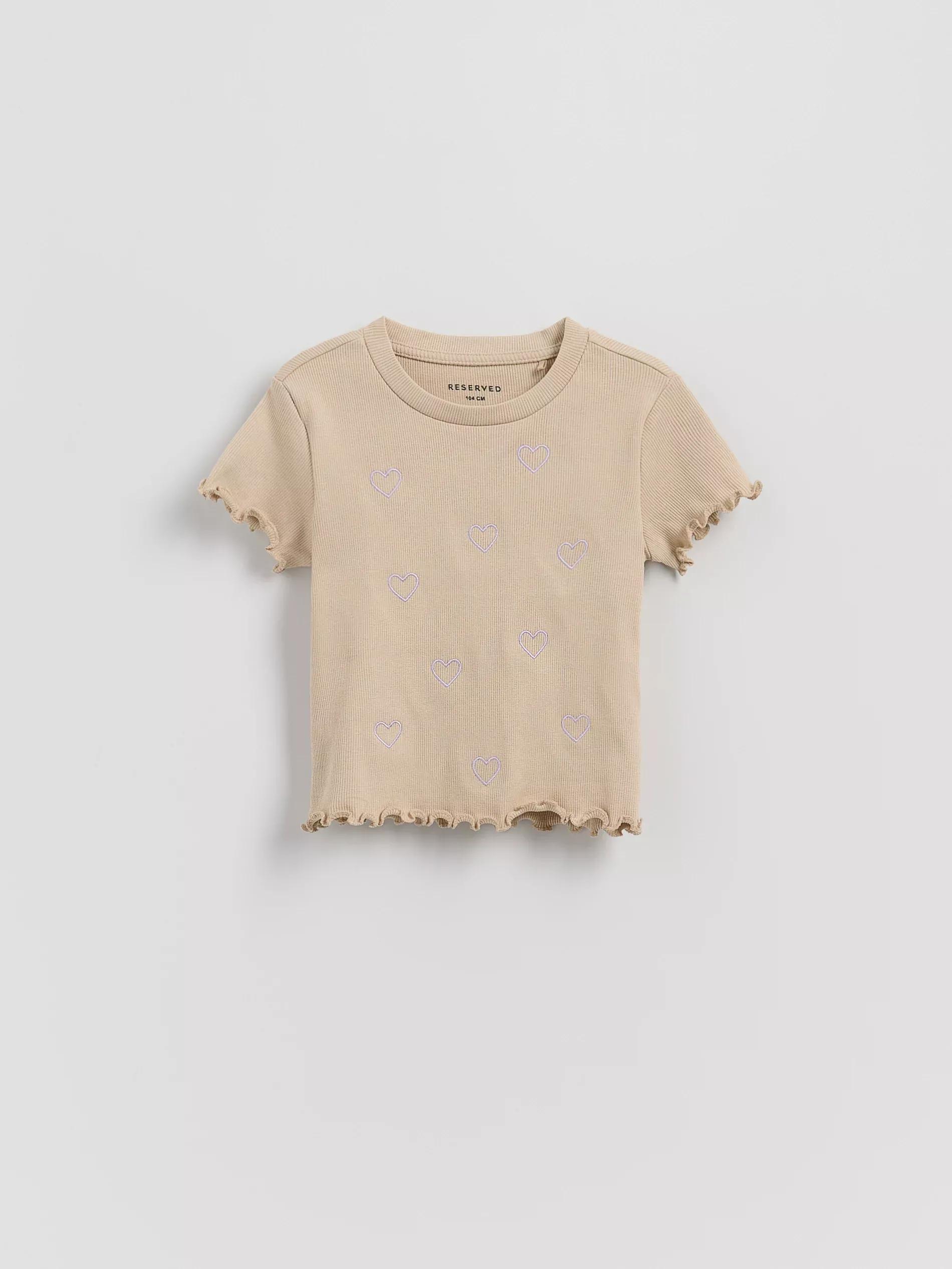 Beige Rib Knit T-Shirt With Embroidery Detail, , large image number 0
