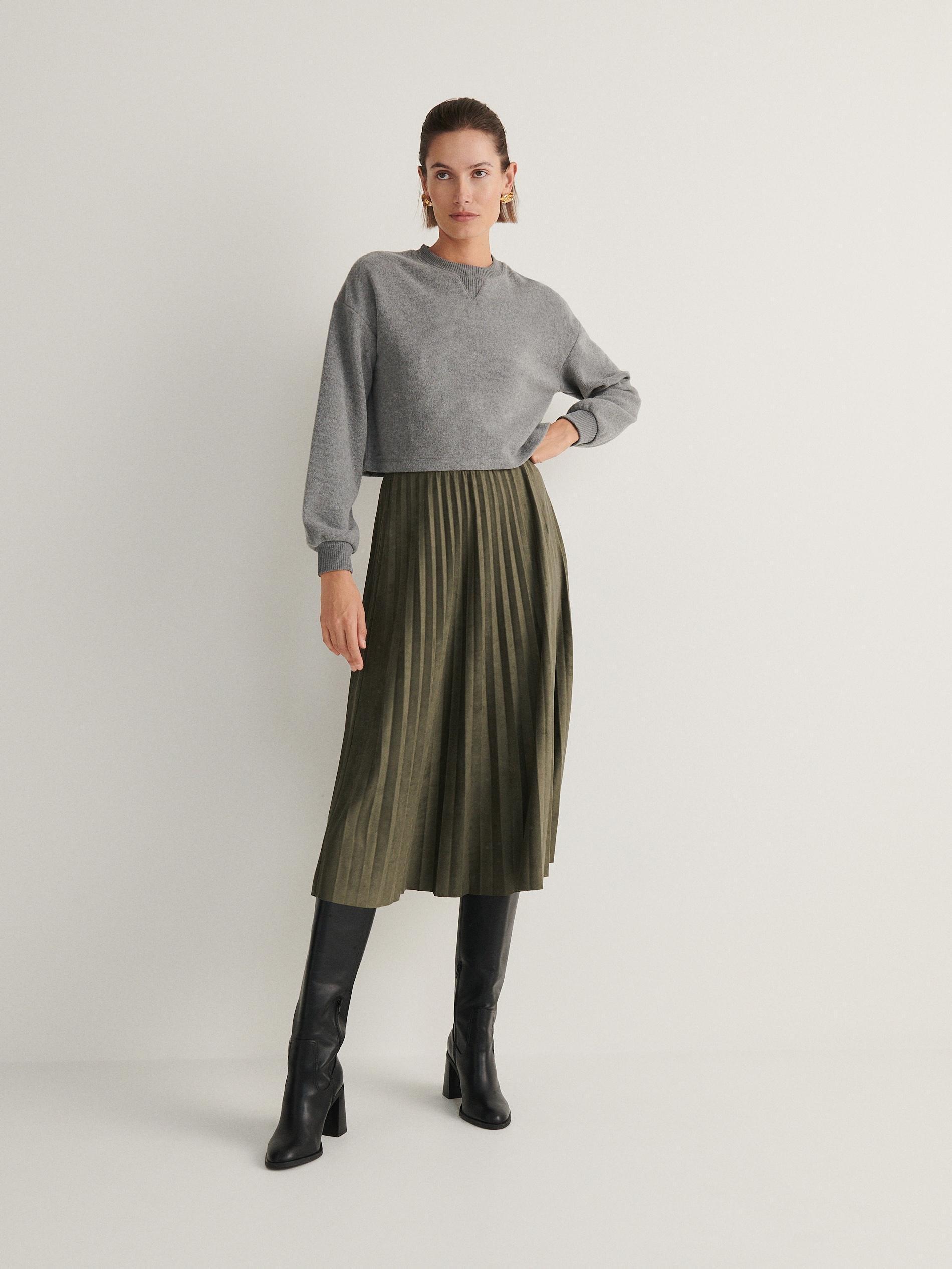 Khaki Pleated Midi Skirt, , large image number 0