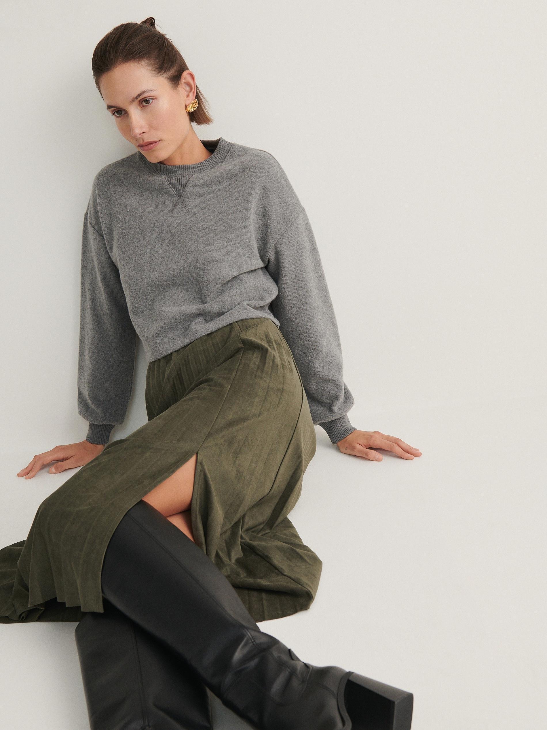 Khaki Pleated Midi Skirt, , large image number 1
