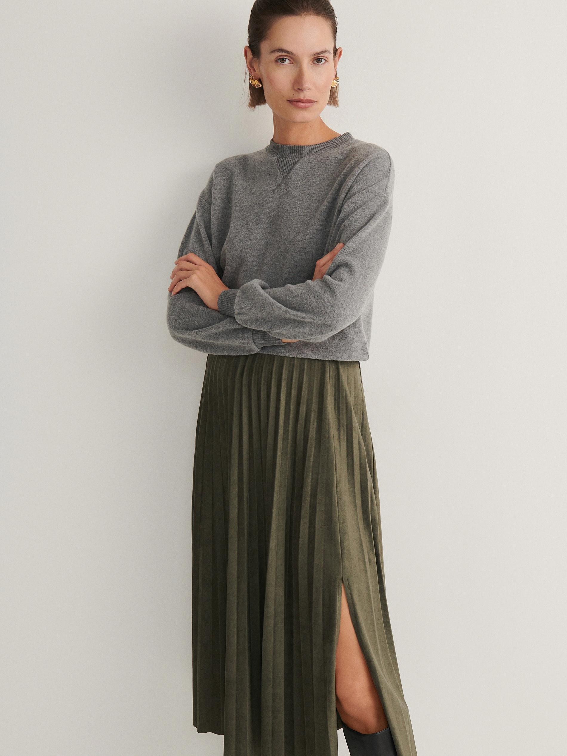 Khaki Pleated Midi Skirt, , large image number 2