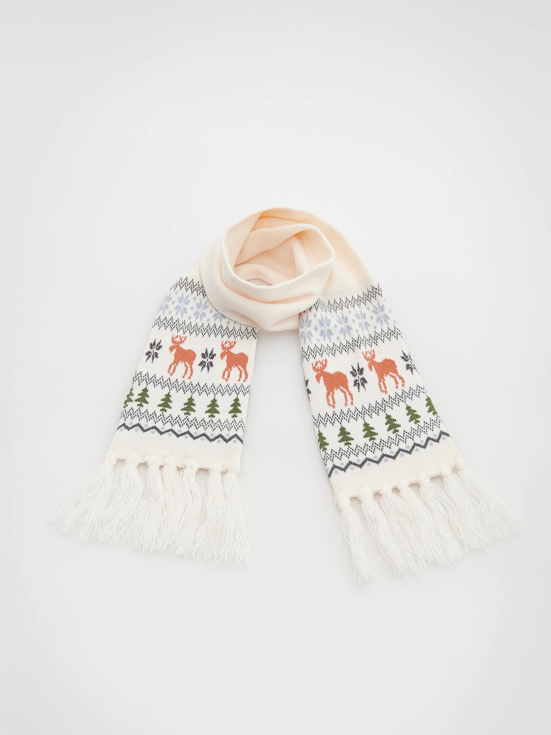 Cream Reindeer Scarf With Fringes, Kids Boy, , large image number 0