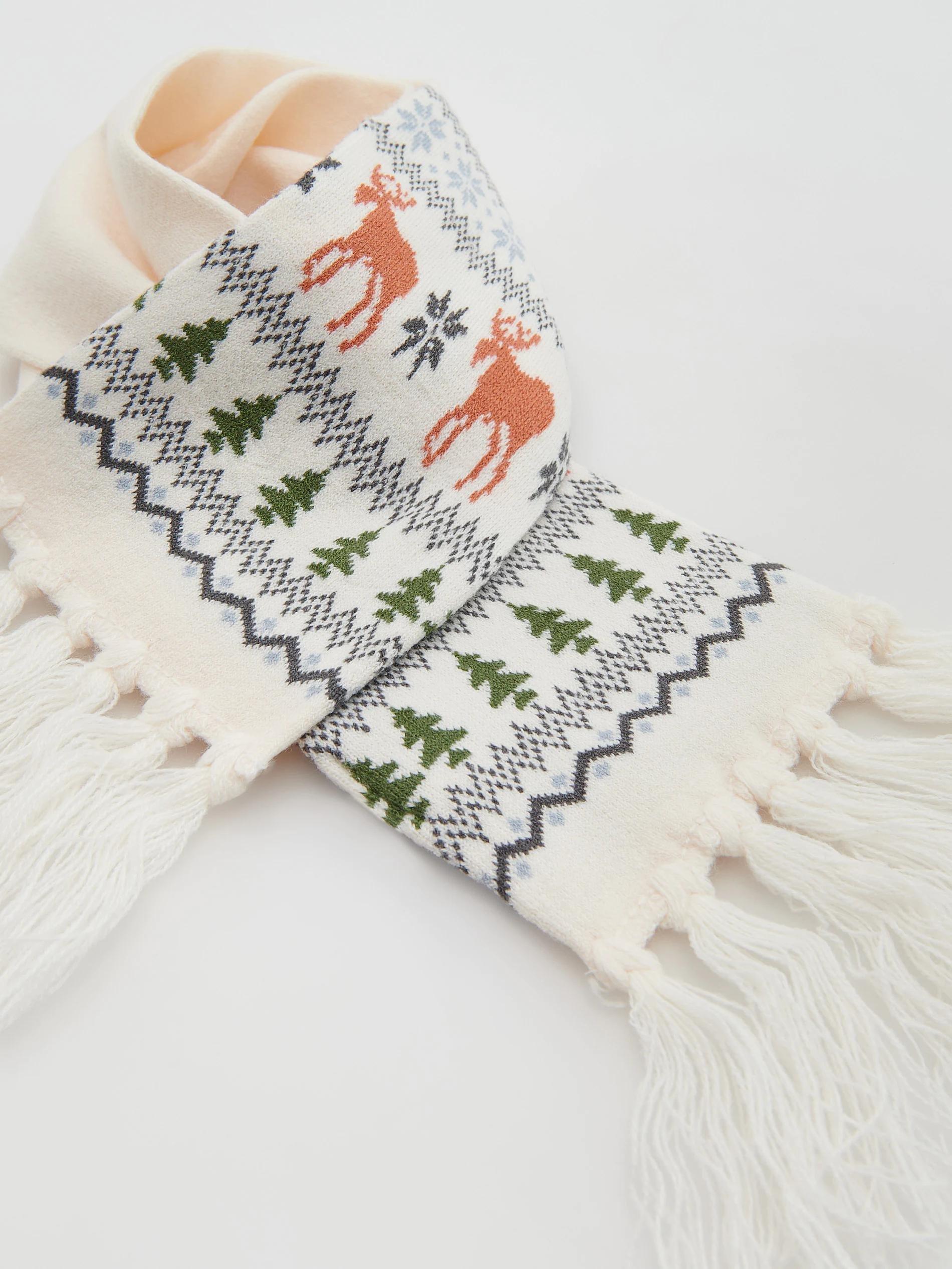 Cream Reindeer Scarf With Fringes, Kids Boy, , large image number 1