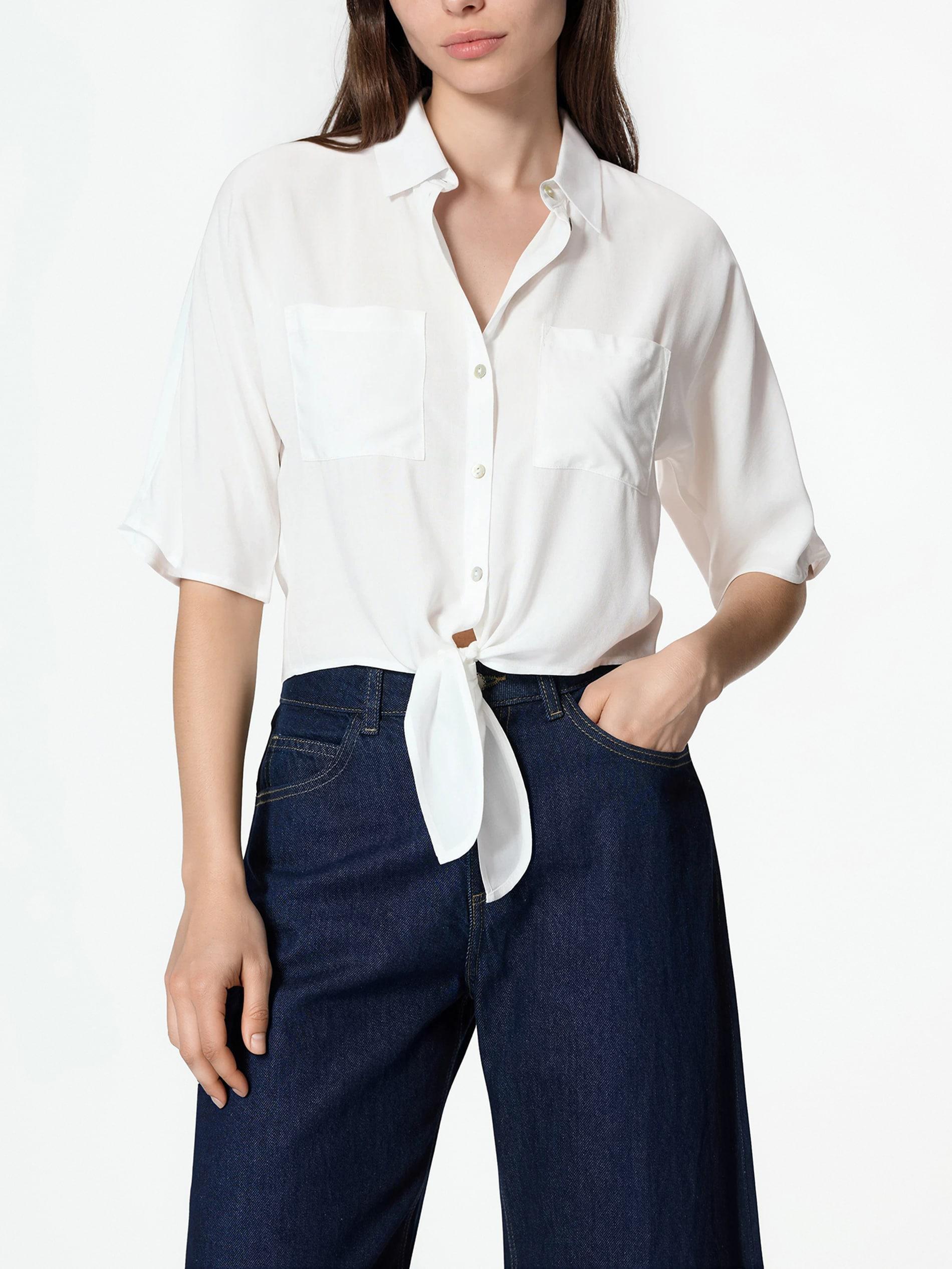 White Viscose Rich Shirt With Tie Detail, White, large image number 0