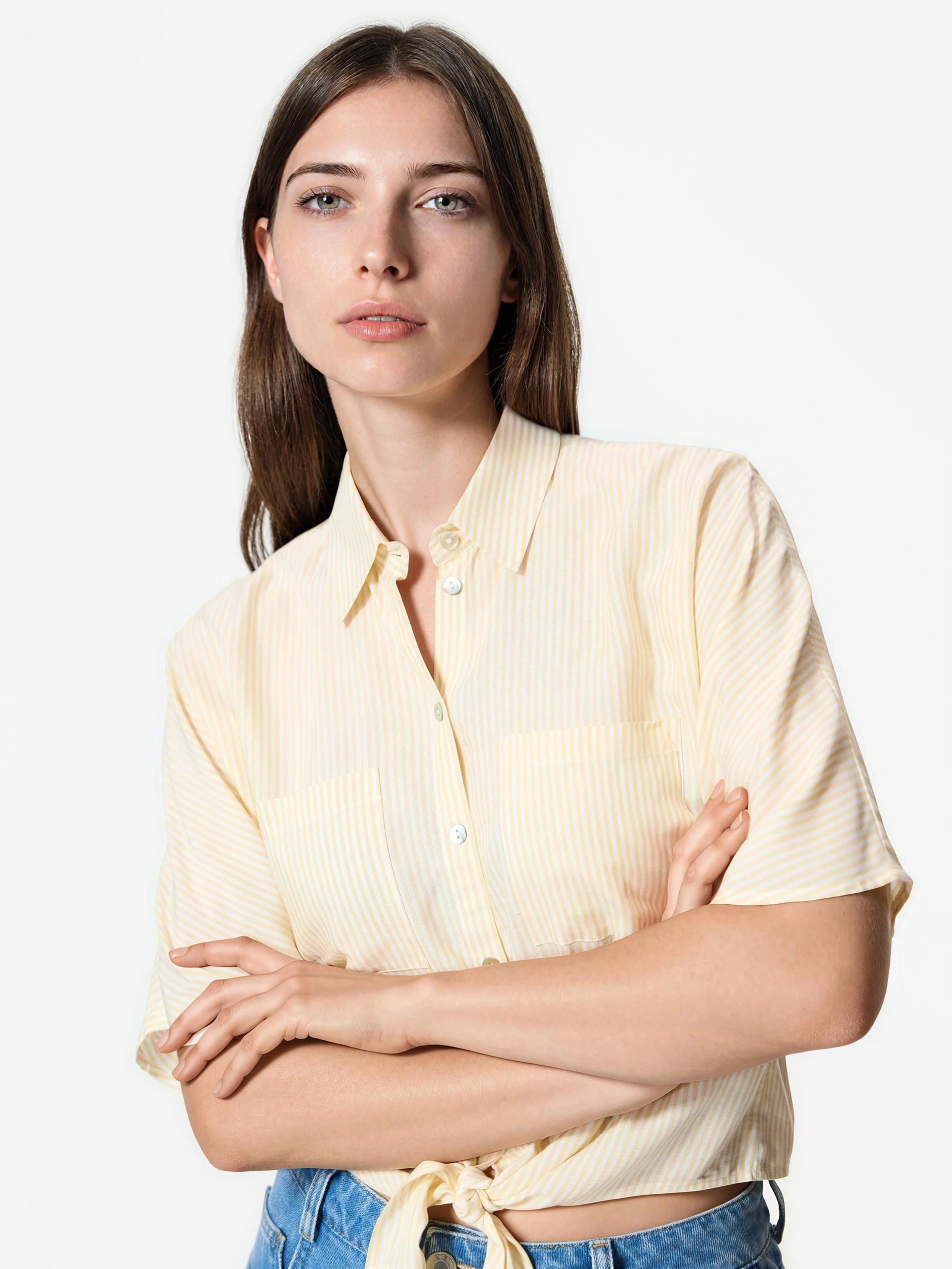 Yellow Viscose Rich Shirt With Tie Detail, Yellow, large image number 1