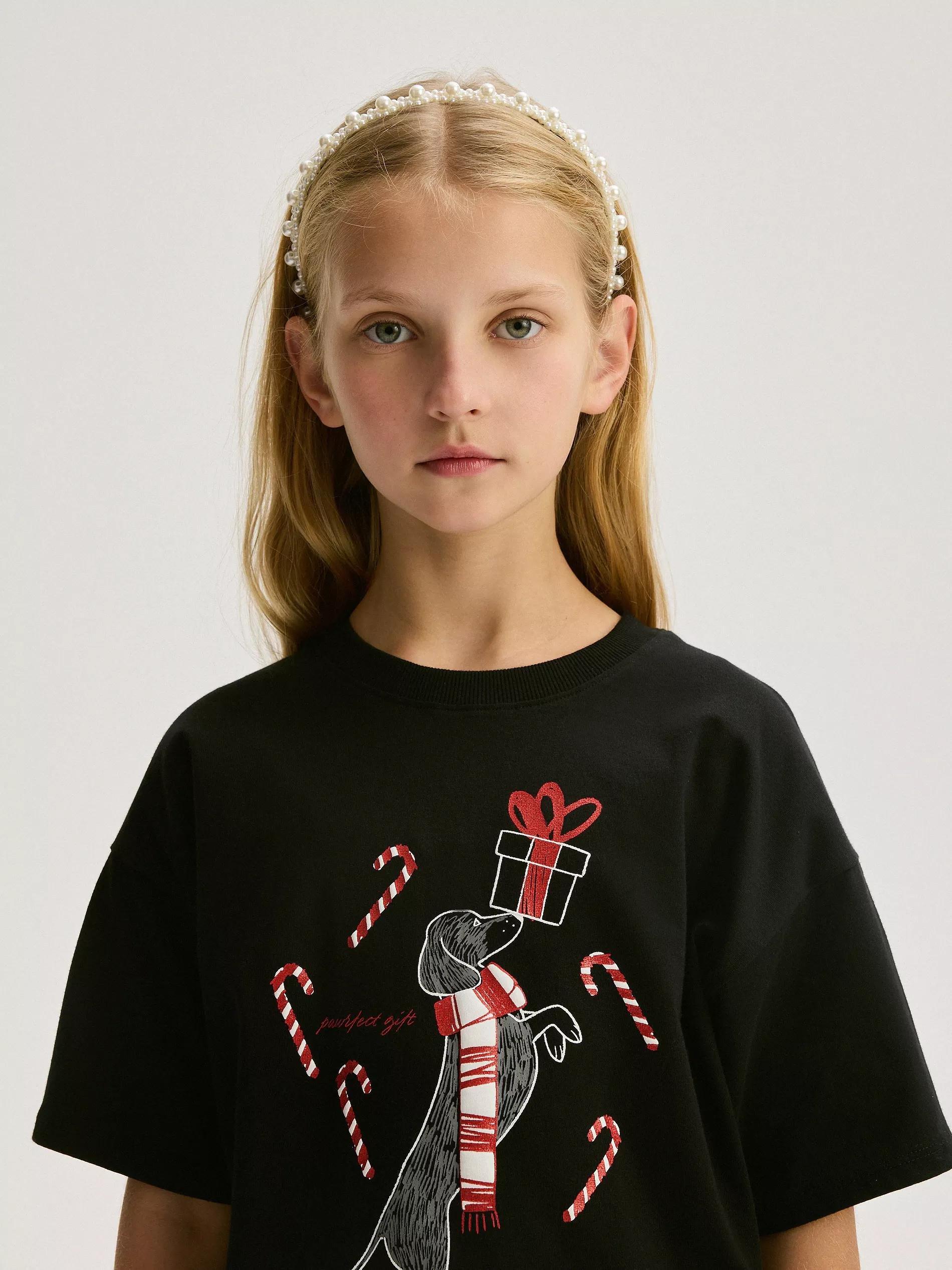 Black T-Shirt With Print, Kids Girls, , large image number 0
