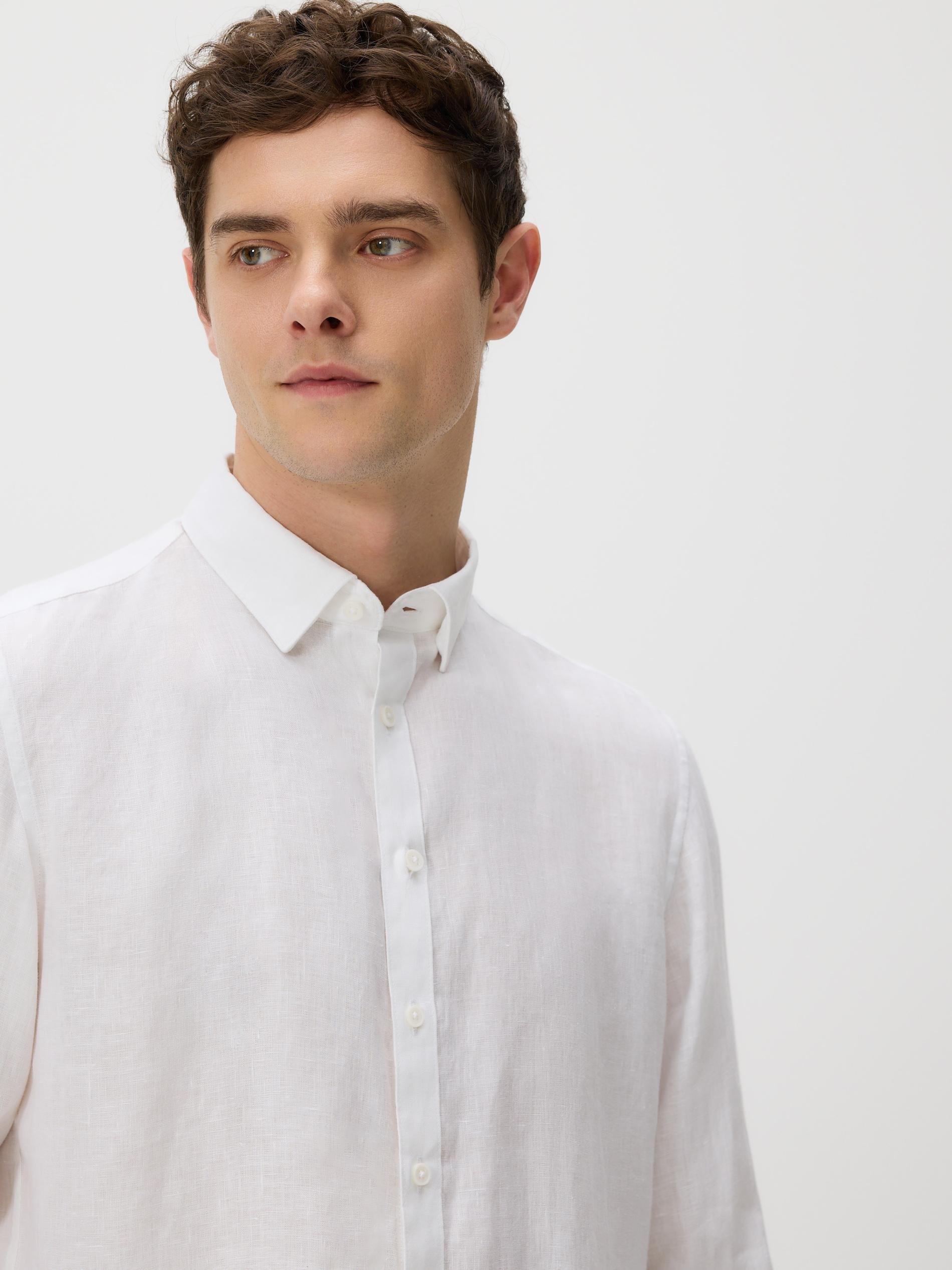 White Regular Fit Linen Shirt, White, medium
