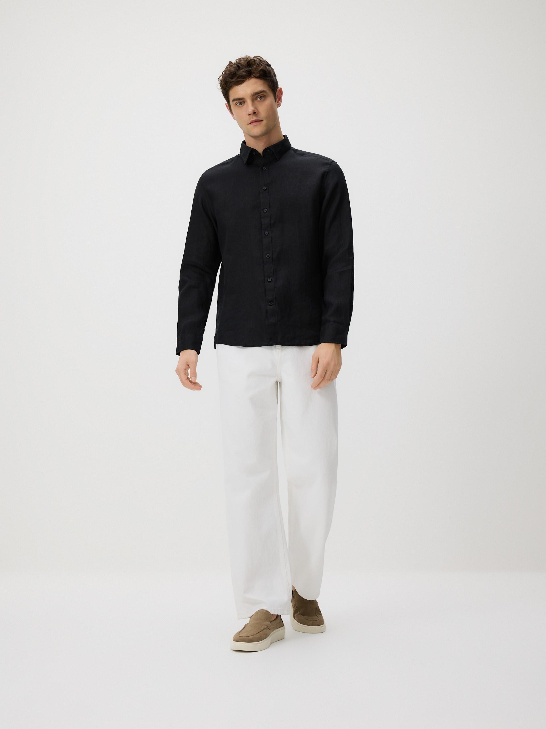 Black Regular Fit Linen Shirt, Black, medium