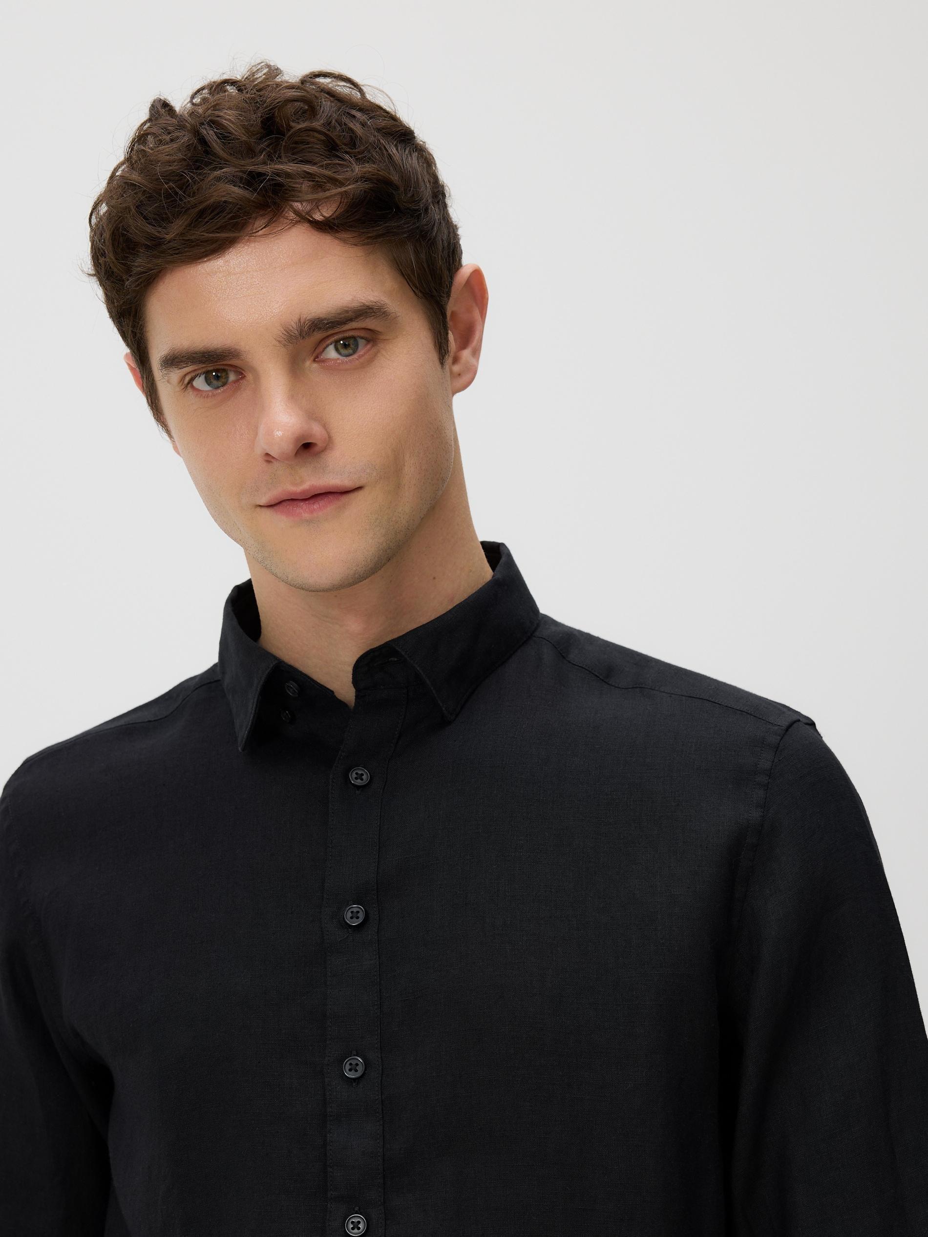 Black Regular Fit Linen Shirt, Black, medium