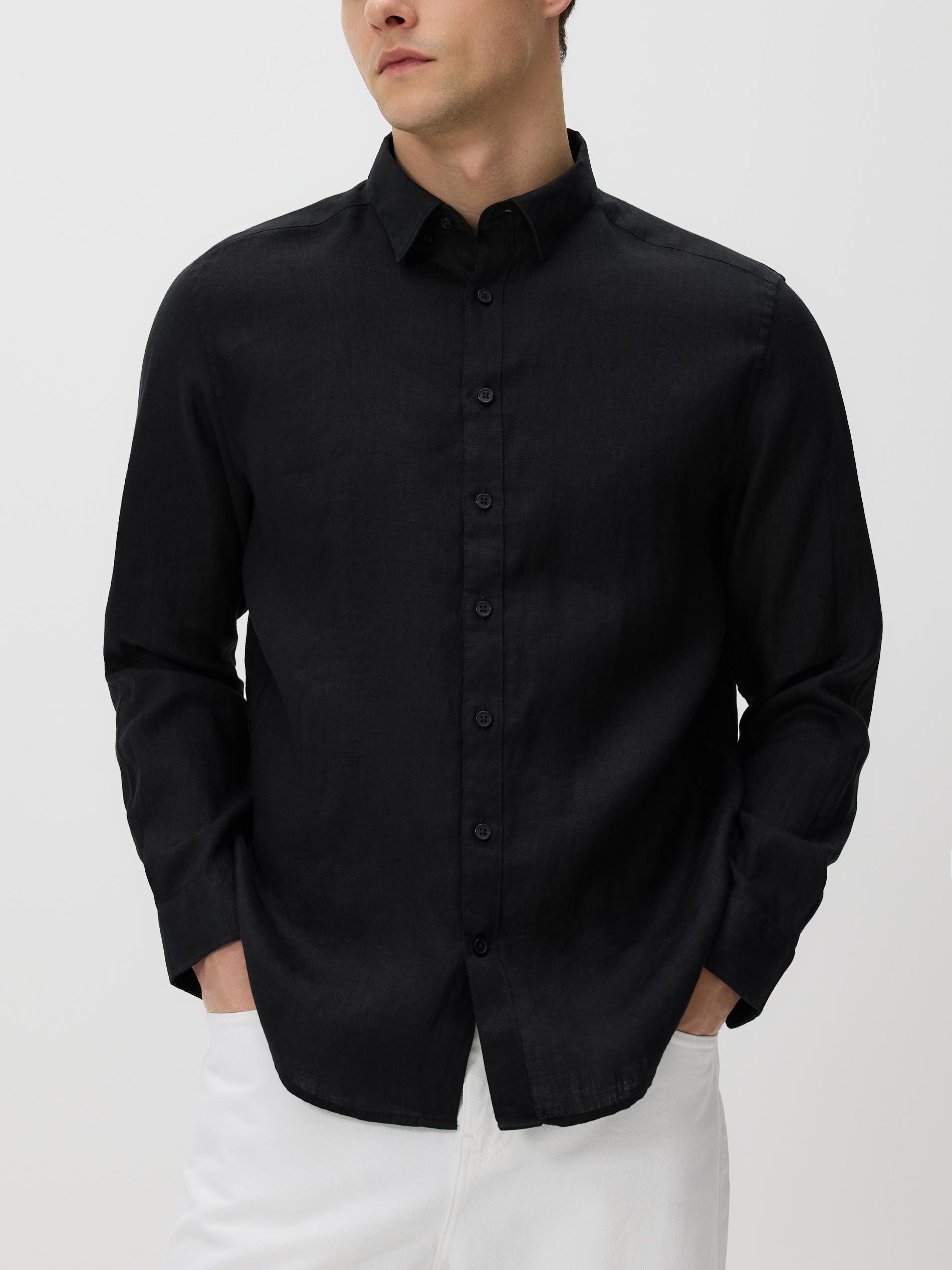 Black Regular Fit Linen Shirt, Black, medium