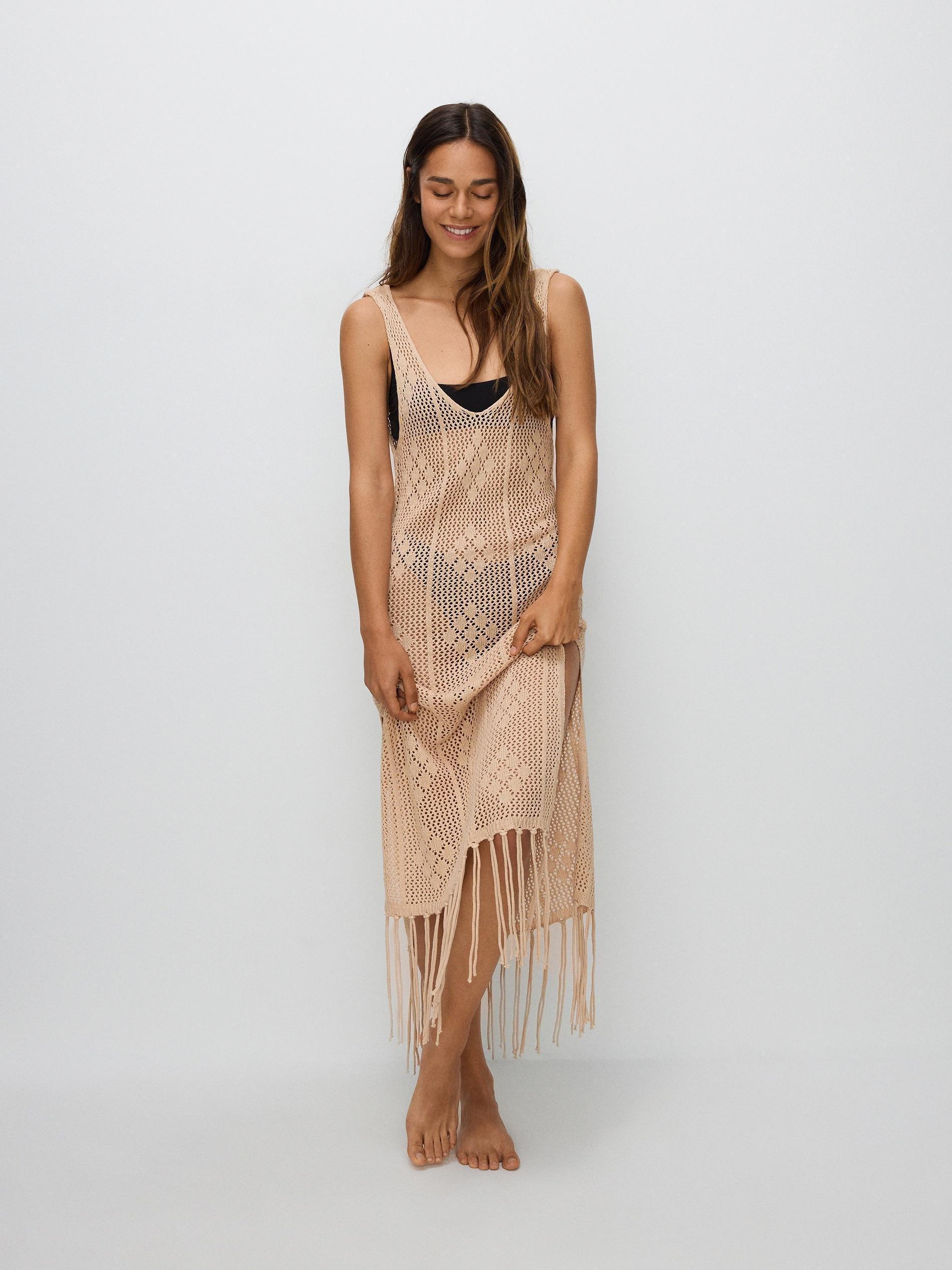 Beige Openwork Beach Kimono, , large image number 4