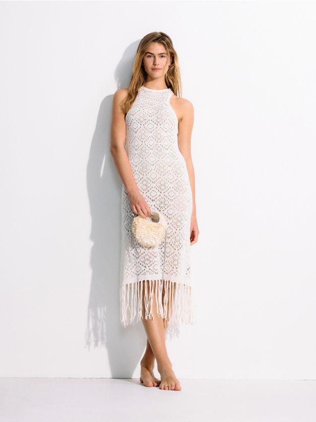 Cream Maxi Beach Cover-Up With Fringes, , large image number 0