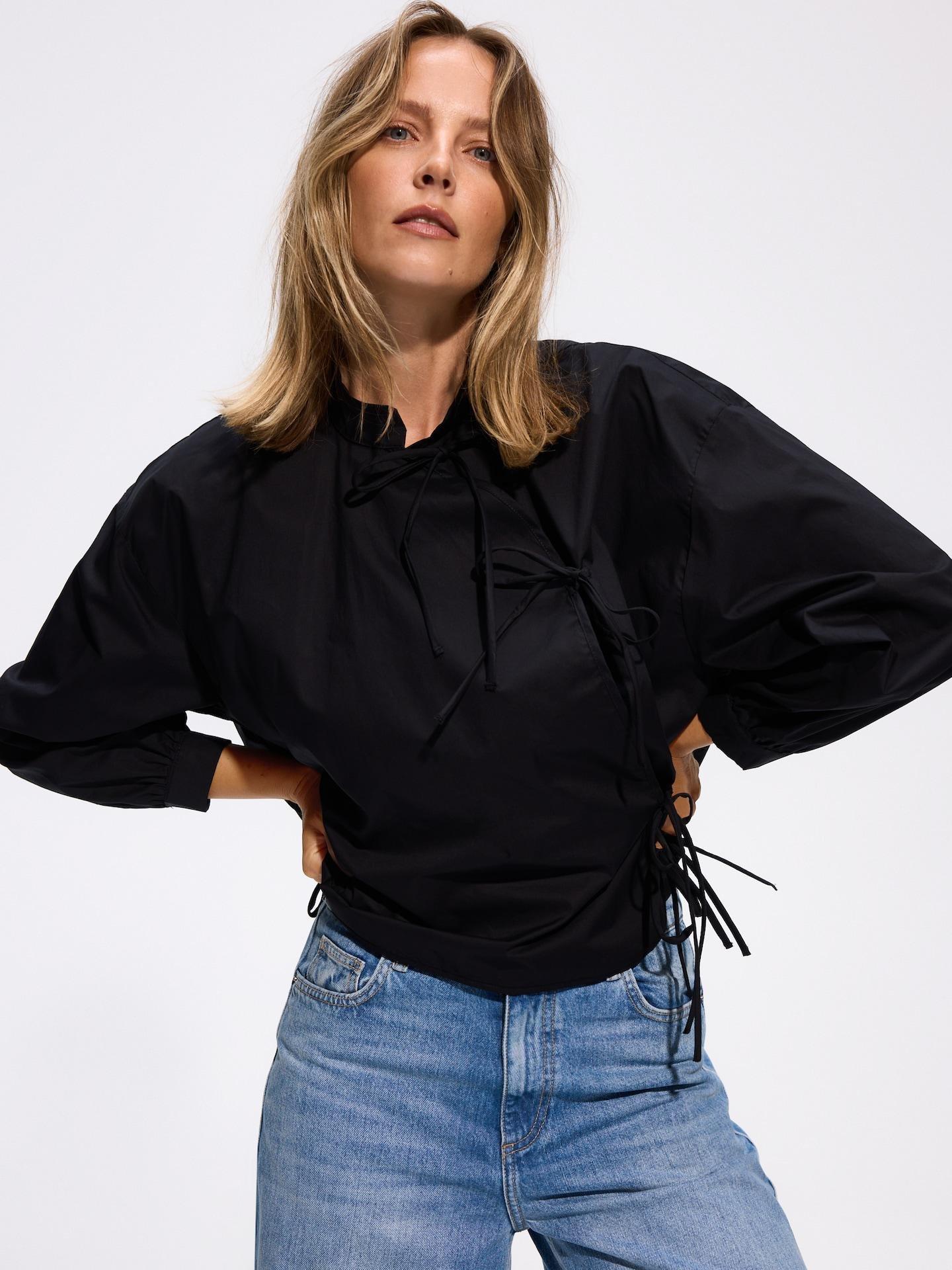 Black Cotton Blouse With Ties, Black, large image number 0