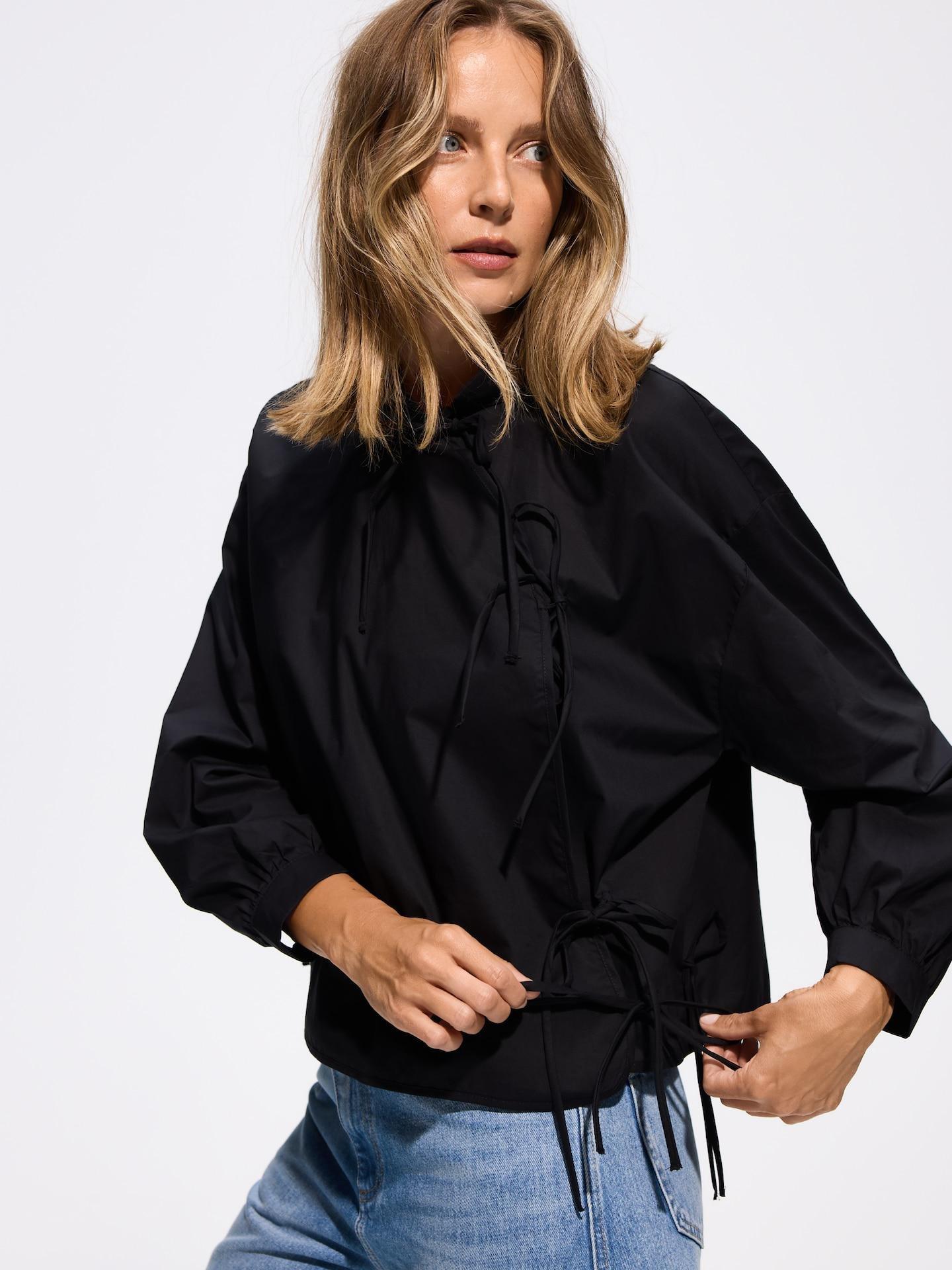 Black Cotton Blouse With Ties, Black, large image number 3