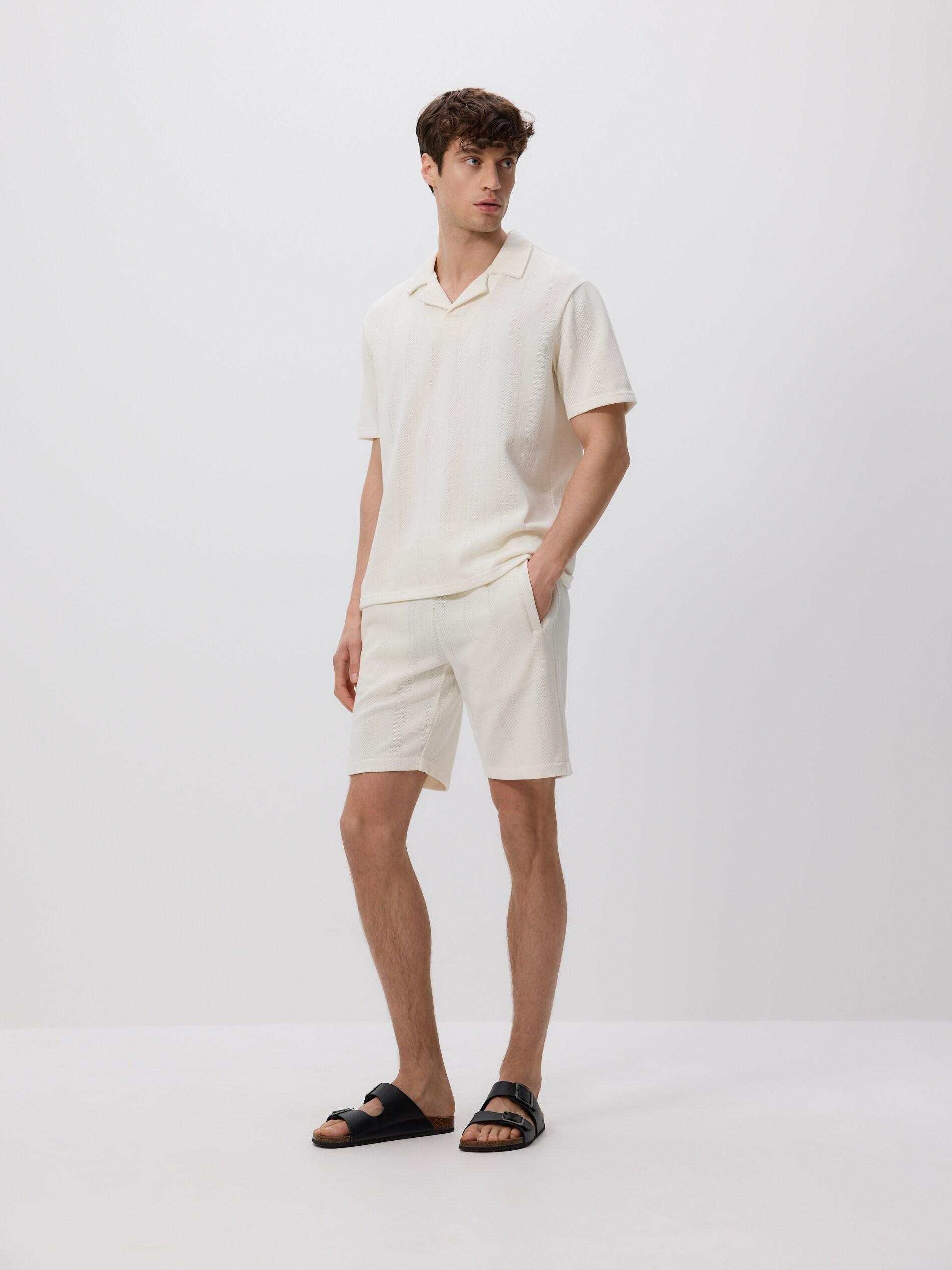 Cream Comfort-Fit Polo Shirt Made Of Structured Fabric, Ivory, large image number 1