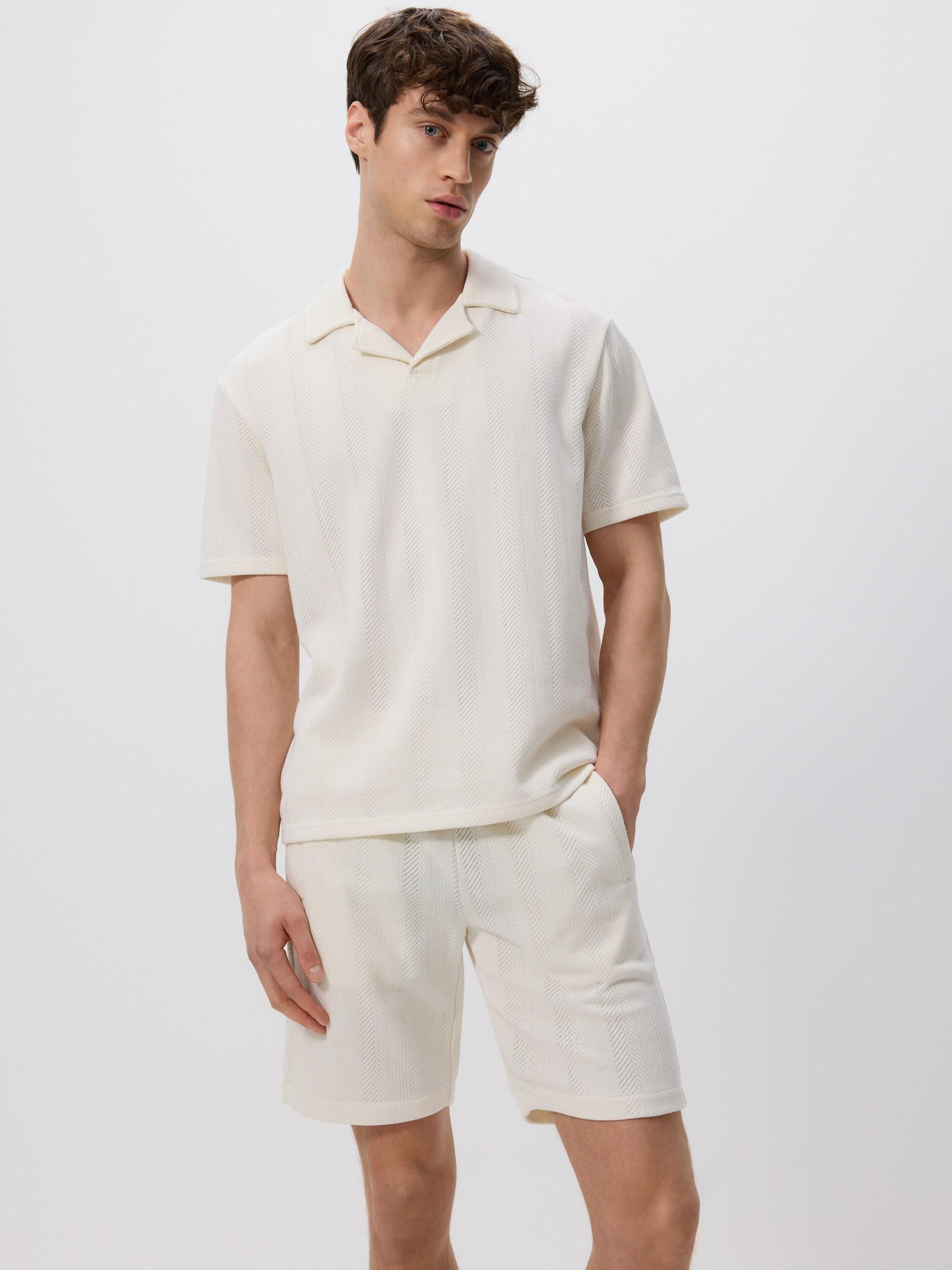 Cream Comfort-Fit Polo Shirt Made Of Structured Fabric, Ivory, large image number 3