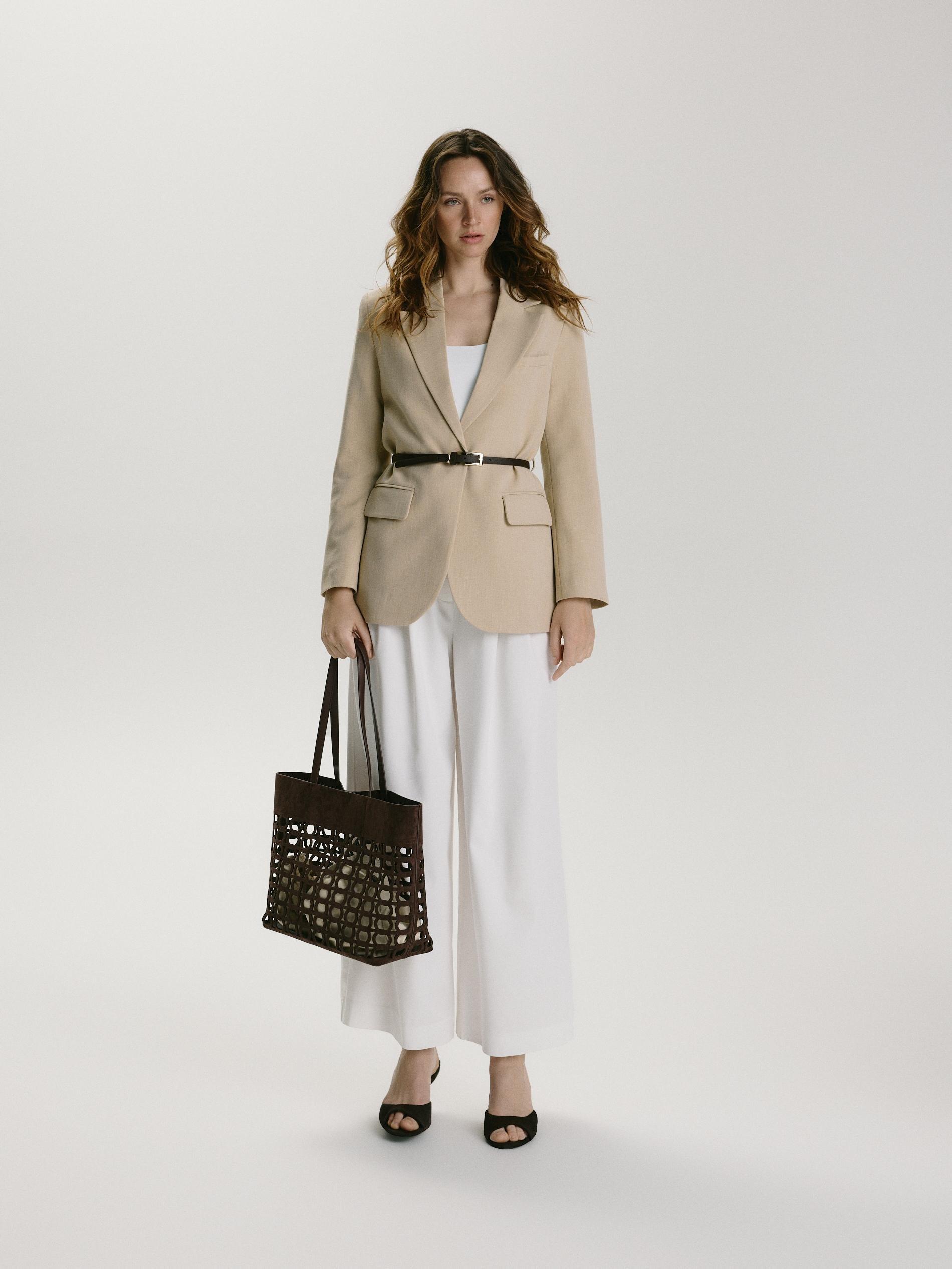 Beige Blazer With Belt, Beige, large image number 1