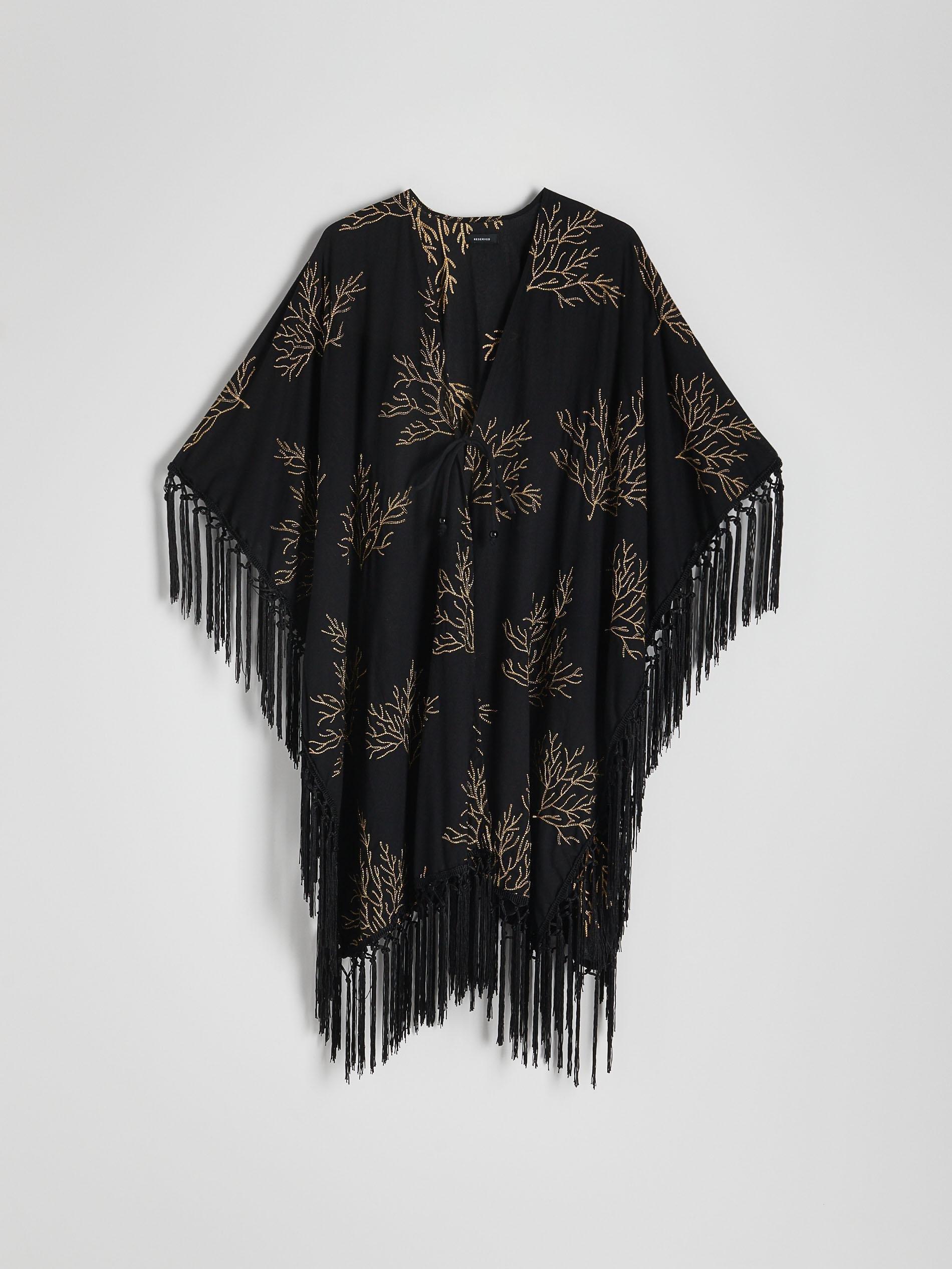 Black Embroidery Detail Kimono, Black, large image number 1