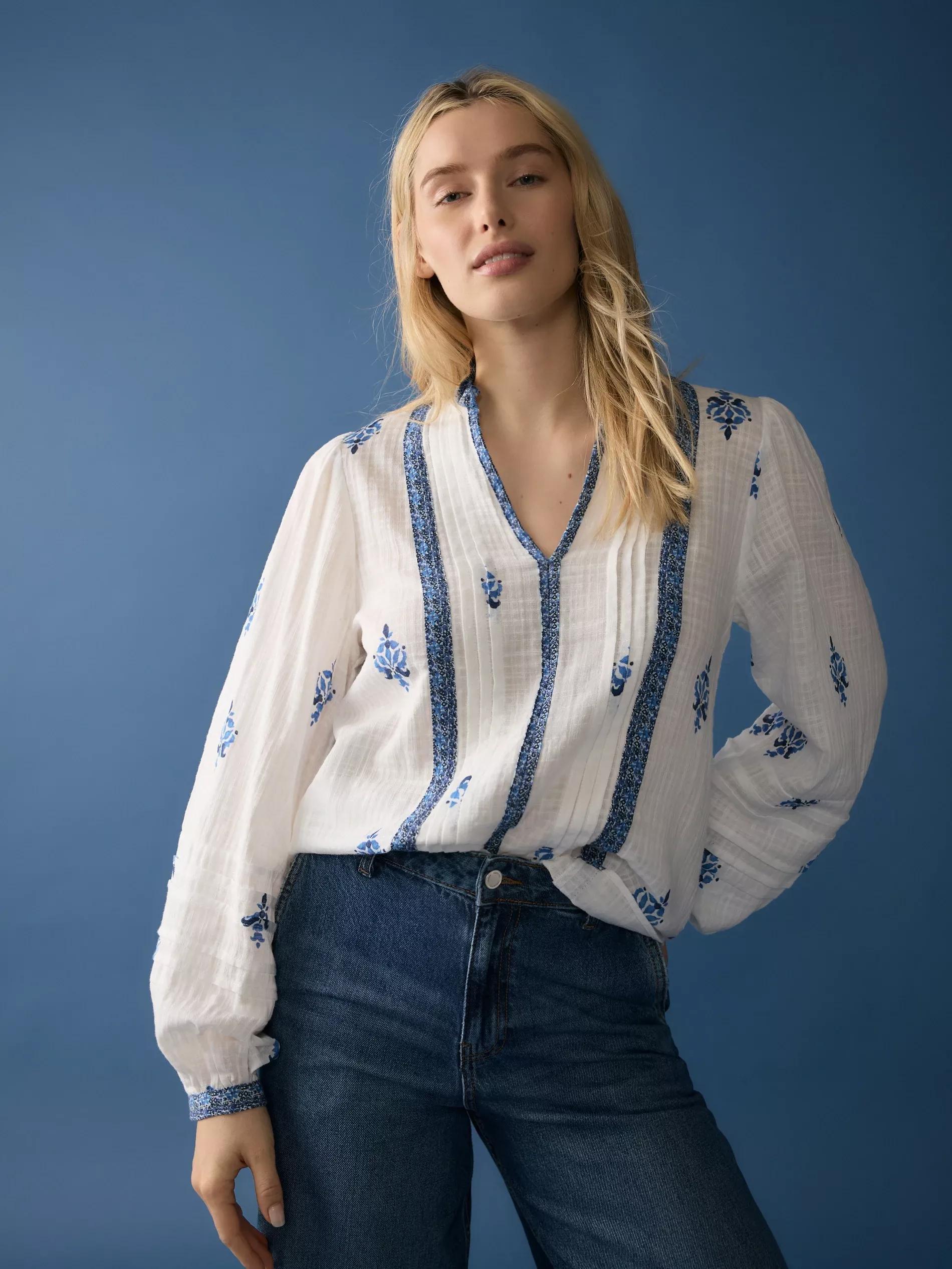 Blue Patterned Cotton Blouse, , large image number 1