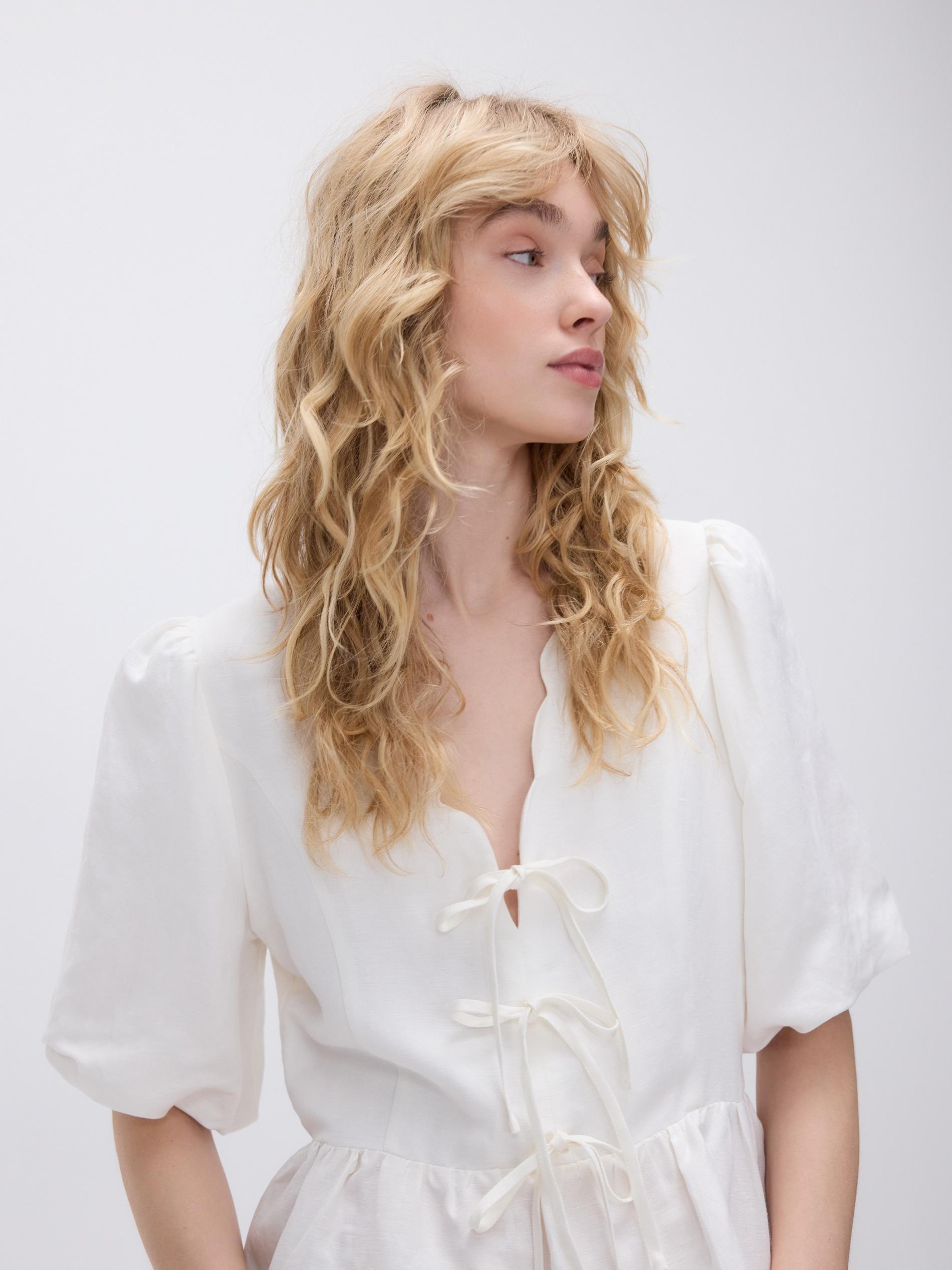 White Linen Blend Top, White, medium
