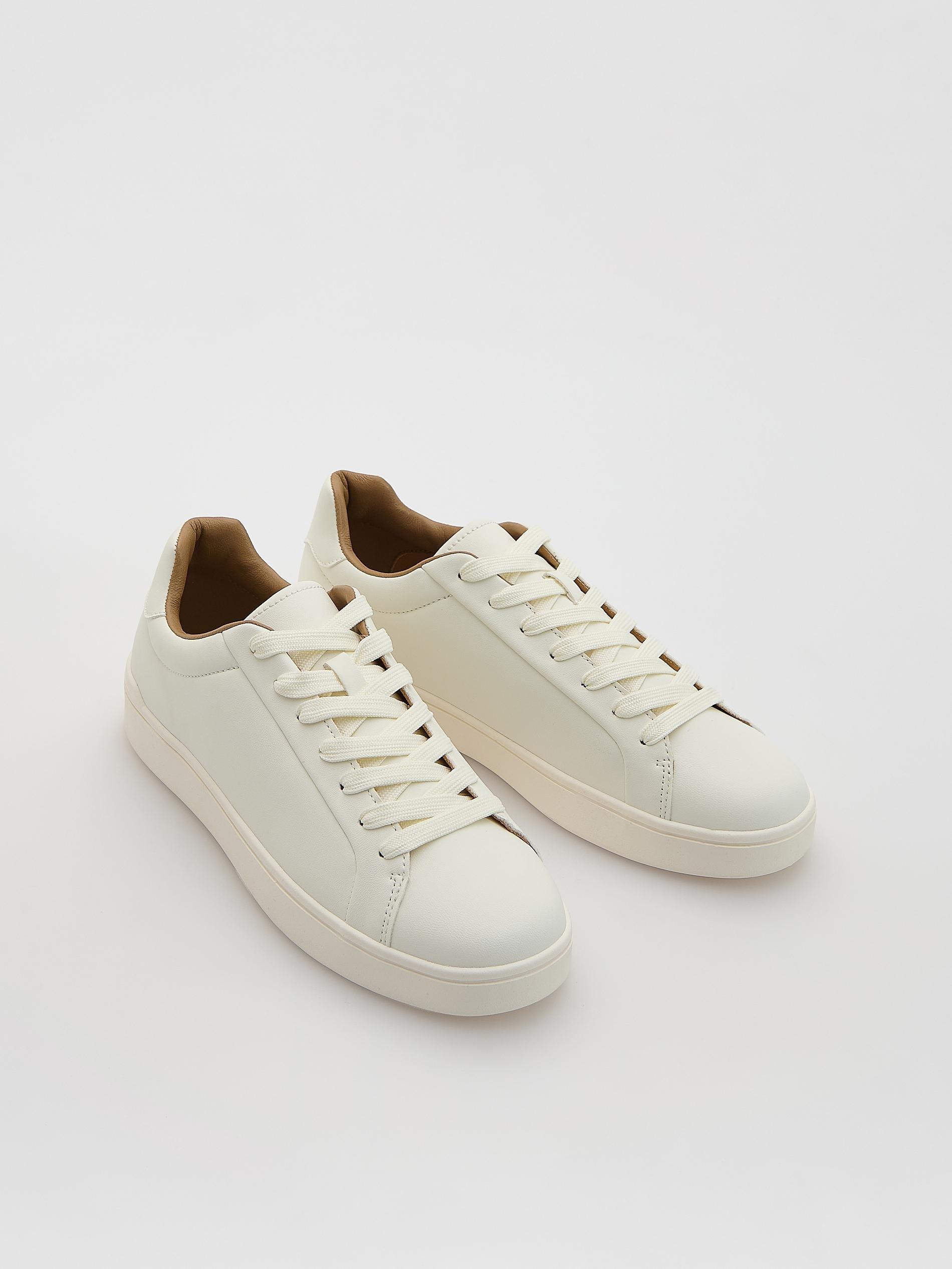 White Faux Leather Sneakers, White, medium