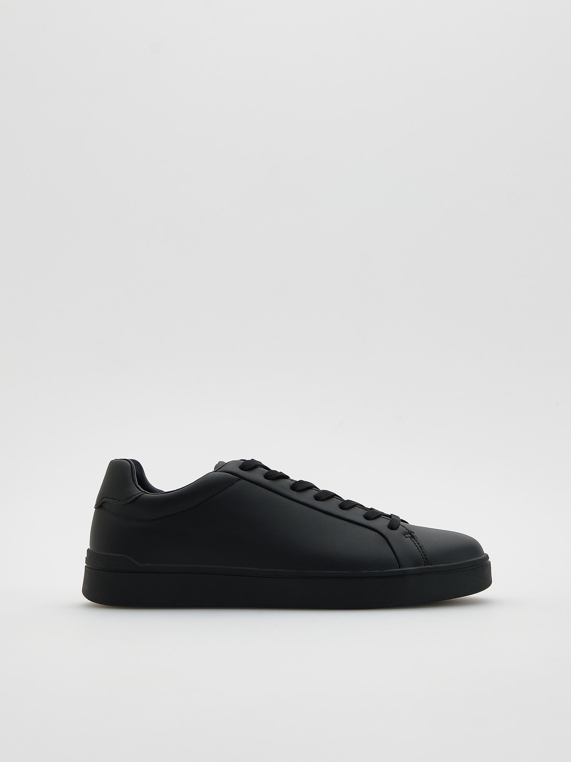 Black Faux Leather Sneakers, Black, medium