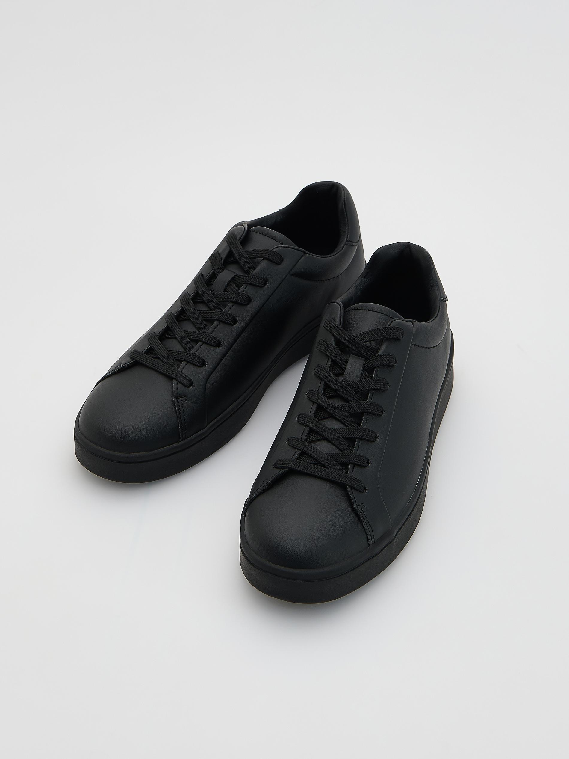 Black Faux Leather Sneakers, Black, medium
