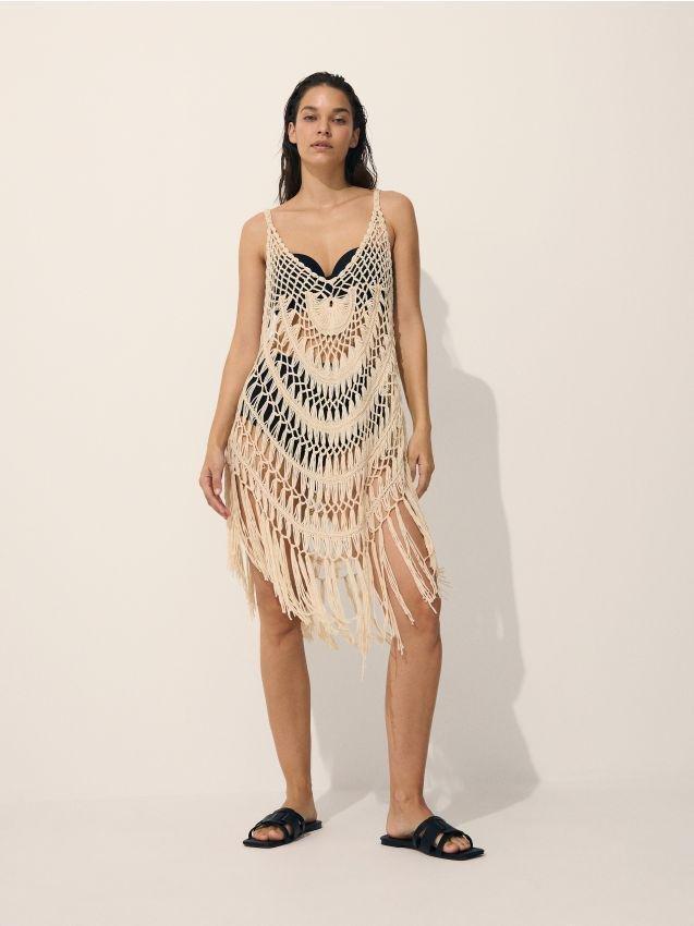 Beige Beach Kimono With Fringes, Ivory, large image number 0