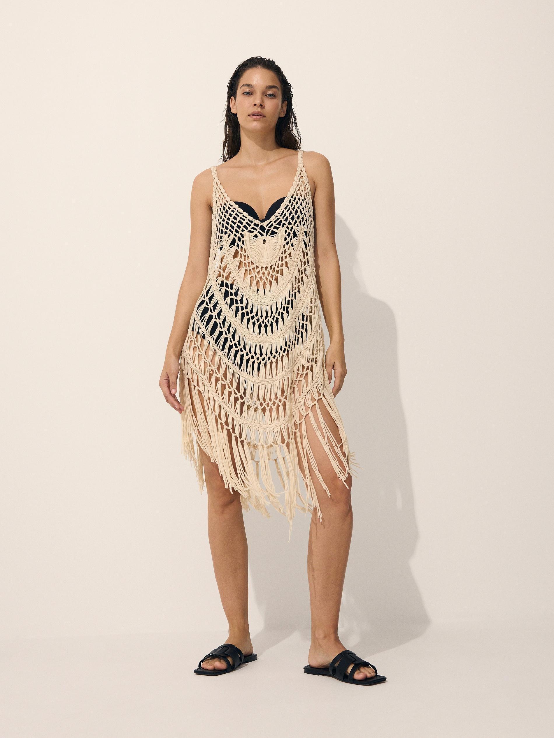 Beige Beach Kimono With Fringes, Ivory, large image number 1