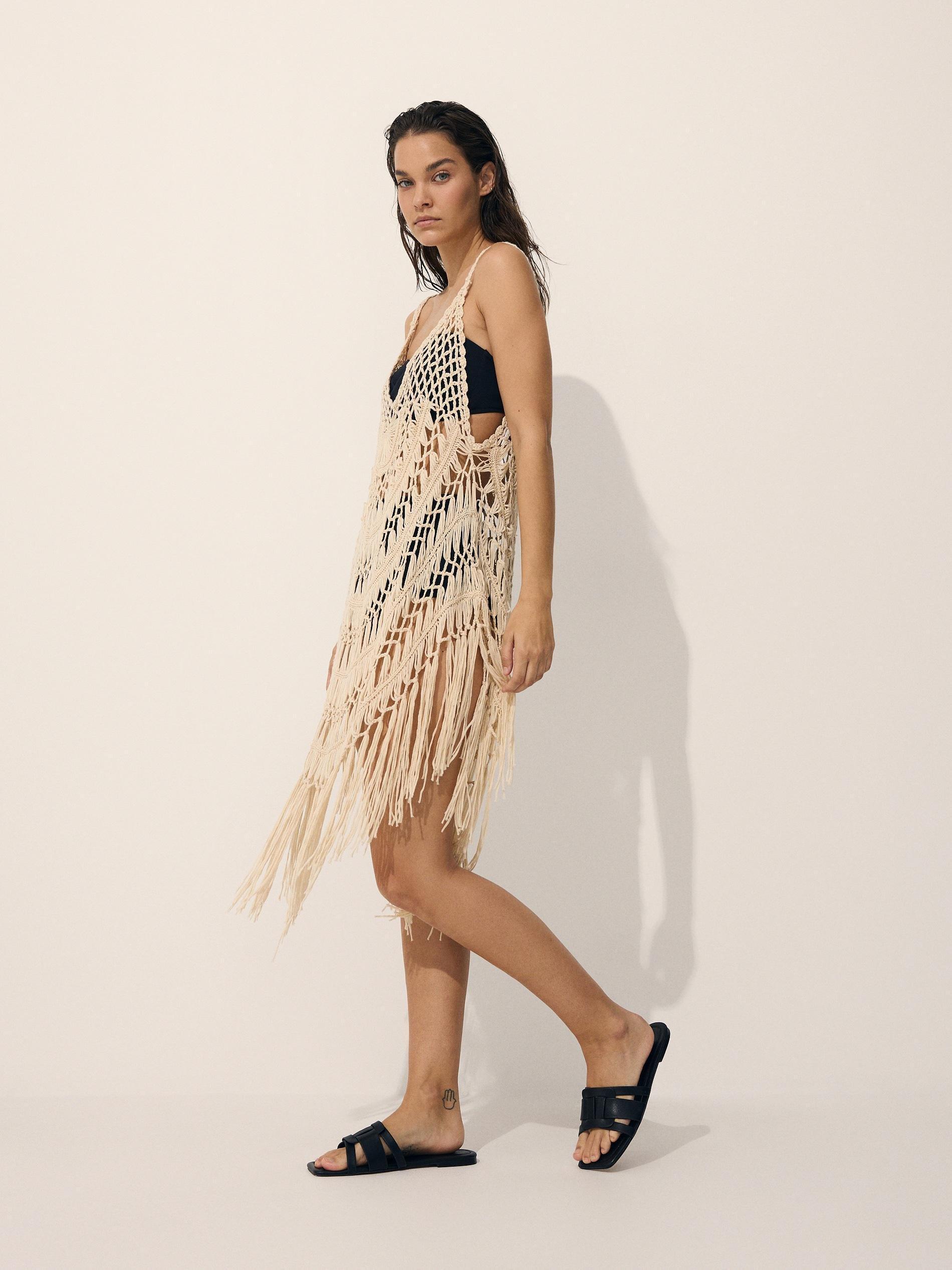 Beige Beach Kimono With Fringes, Ivory, large image number 4