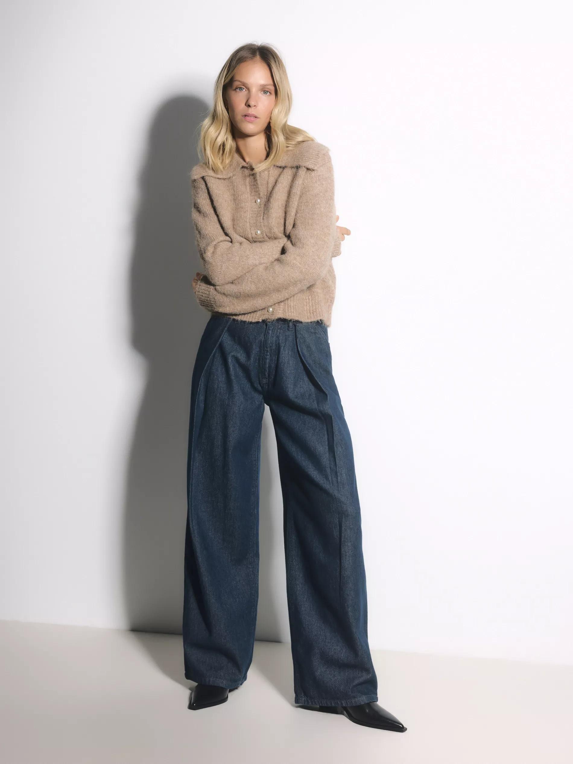 Navy Wide Leg Jeans With Pleats, Blue, large image number 0