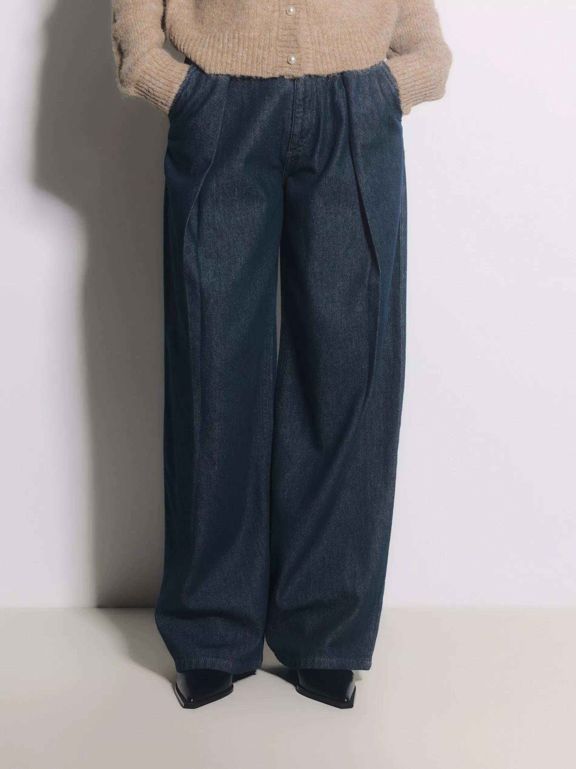 Navy Wide Leg Jeans With Pleats, Blue, large image number 1