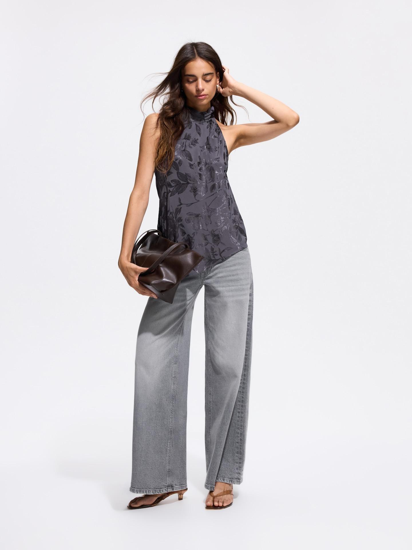 Grey Jacquard-Pattern Blouse, Grey, large image number 1