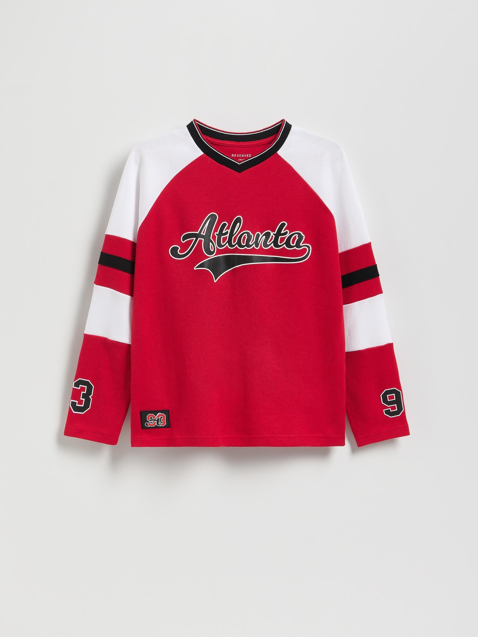 تيشيرت قطن أحمر بكم طويل مطبوع, Red, medium