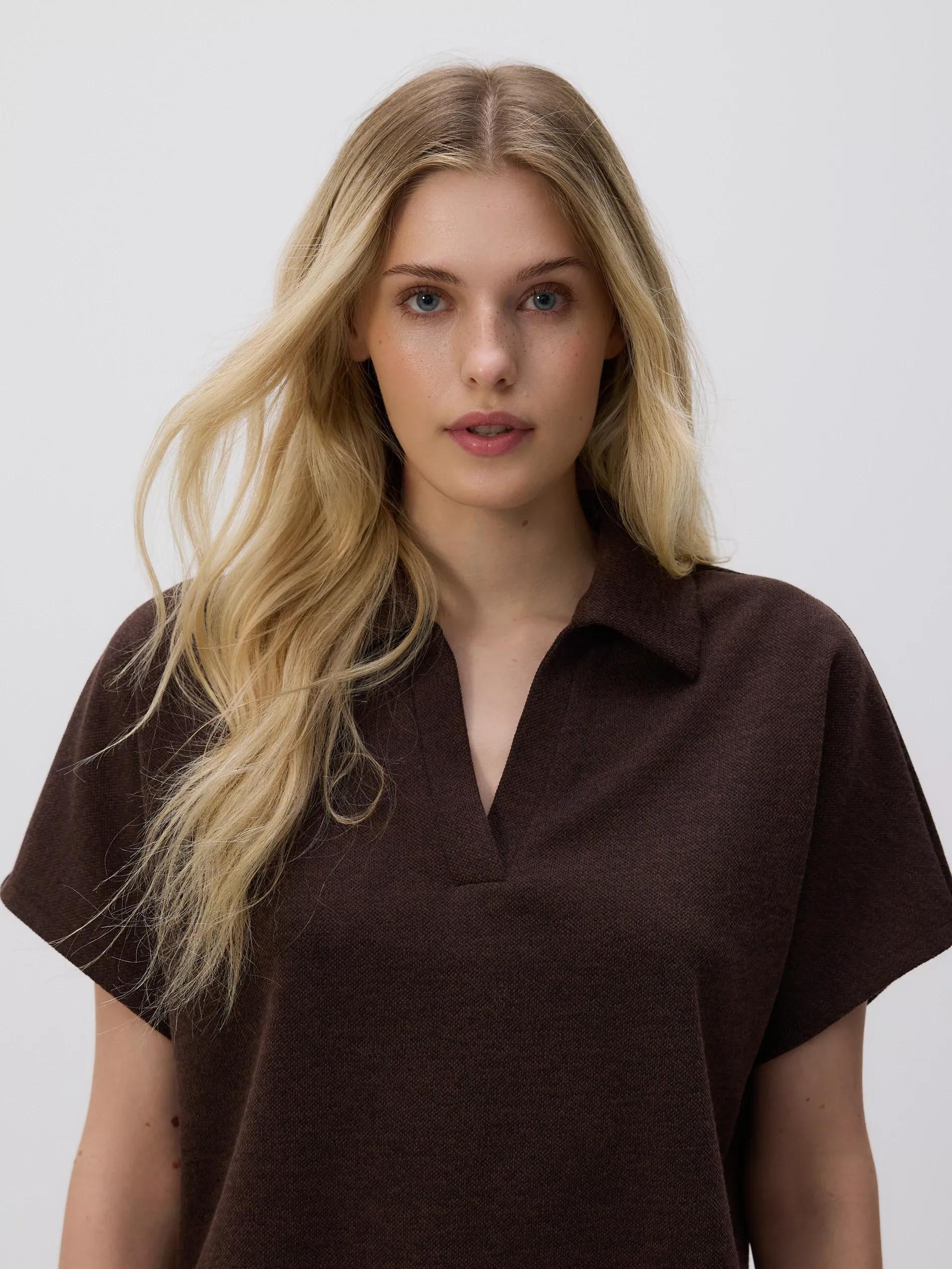 Brown Blouse With Open Collar, Brown, large image number 0