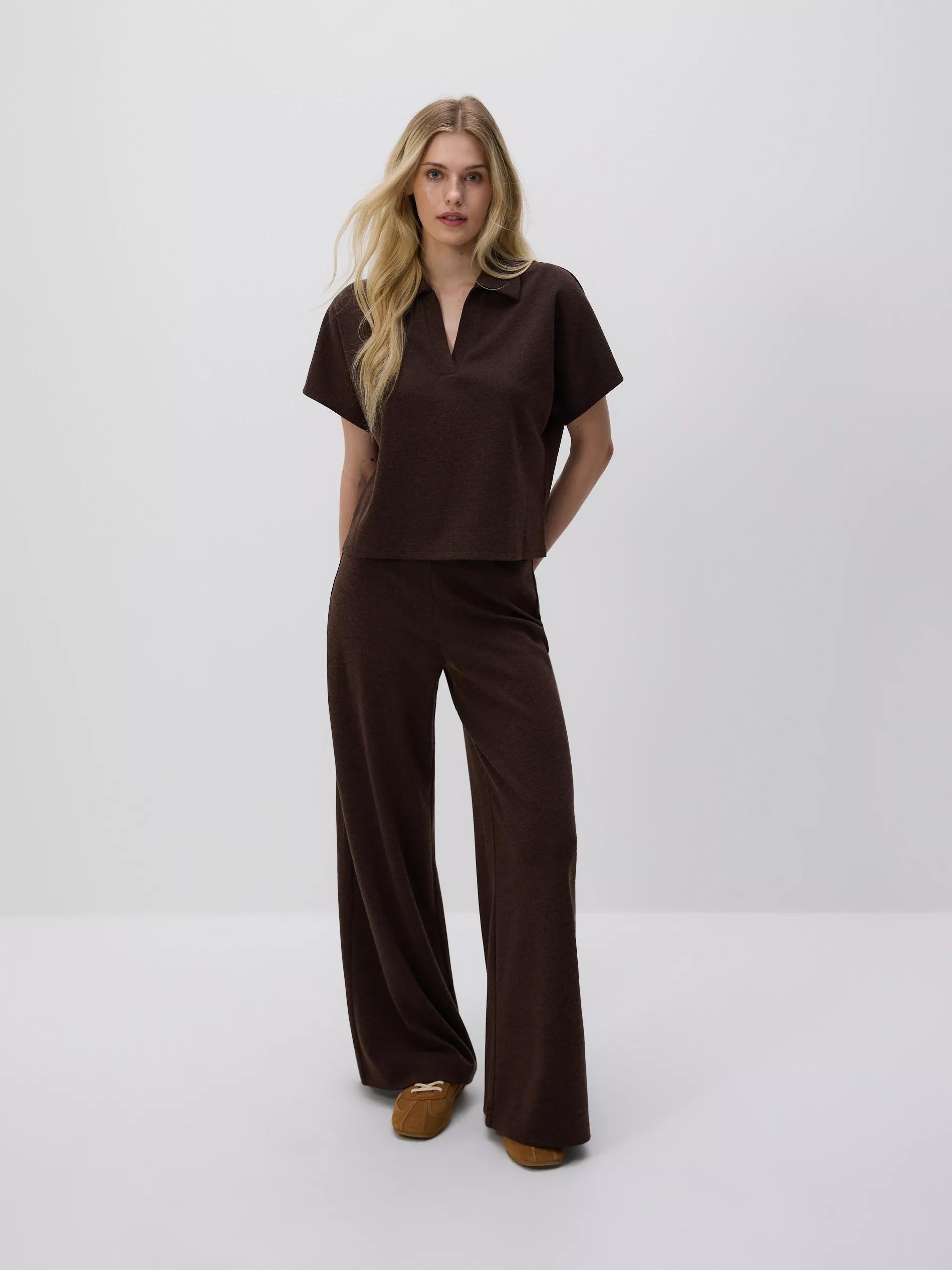 Brown Blouse With Open Collar, Brown, large image number 1