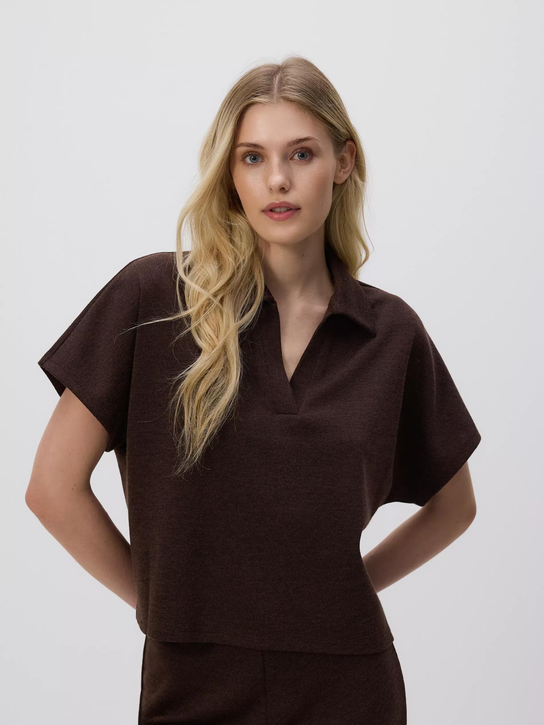 Brown Blouse With Open Collar, Brown, large image number 2