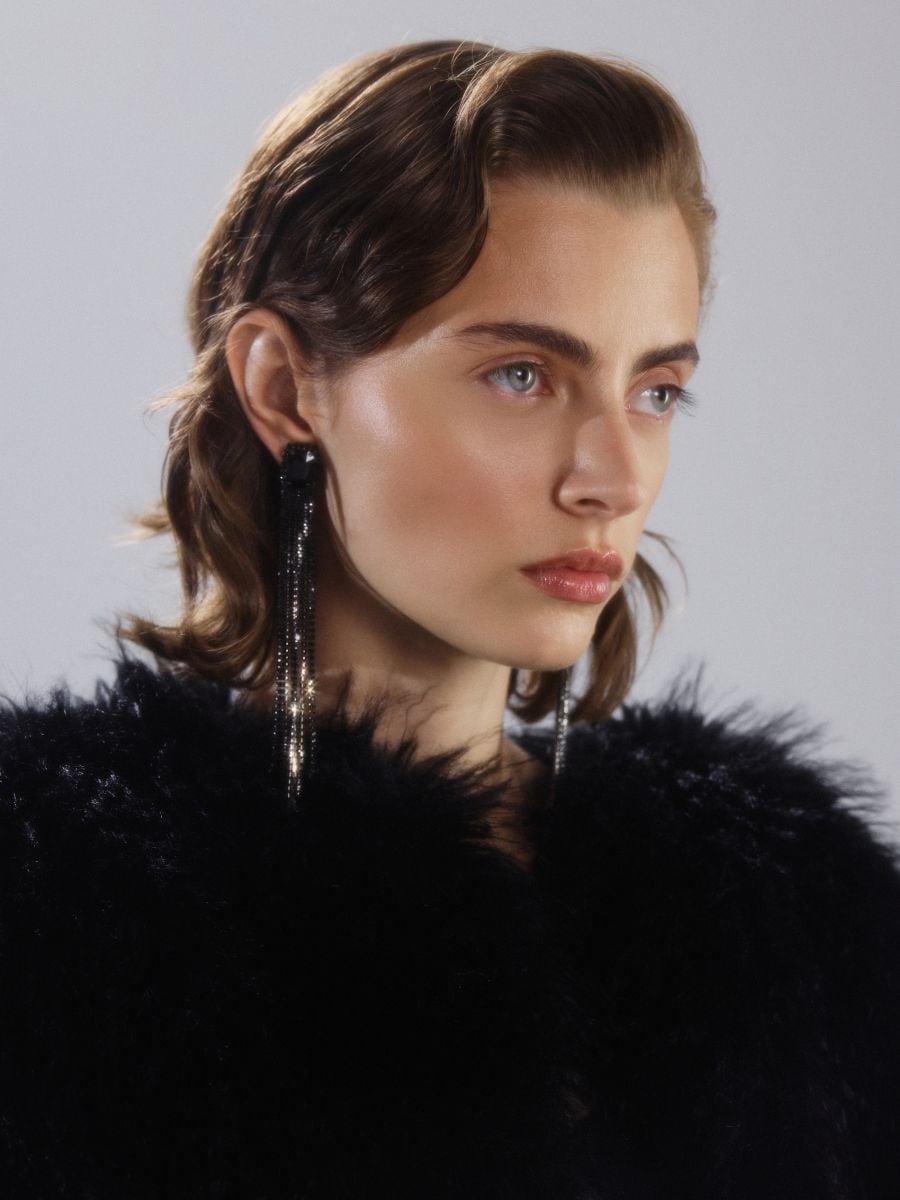 Black Long Drop Earrings, Black, medium