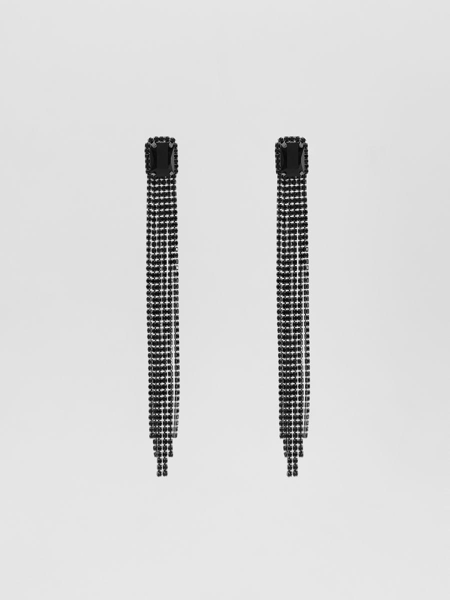 Black Long Drop Earrings, Black, large image number 1