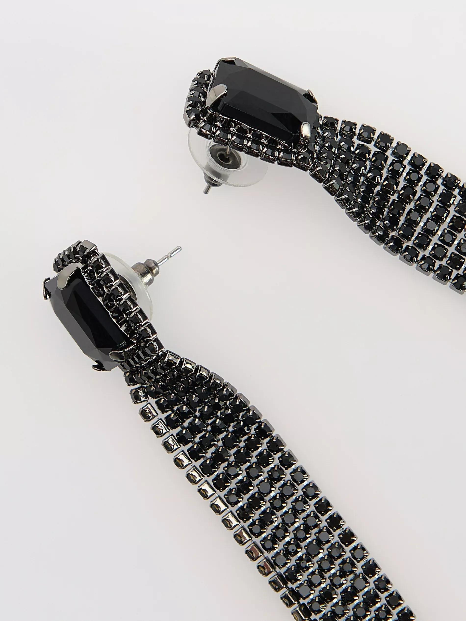 Black Long Drop Earrings, Black, large image number 2