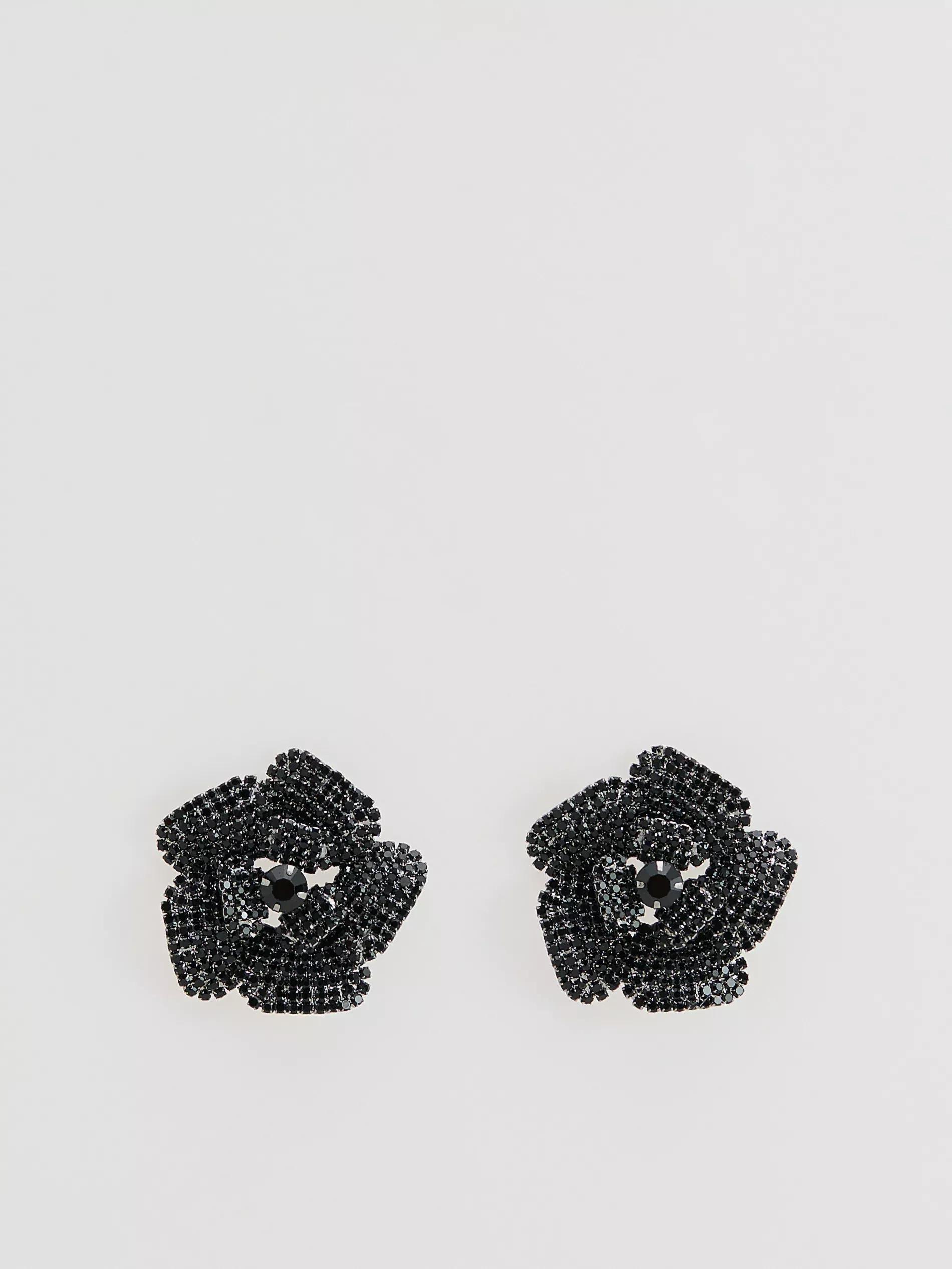 Black Flower-Shaped Earrings, Black, medium