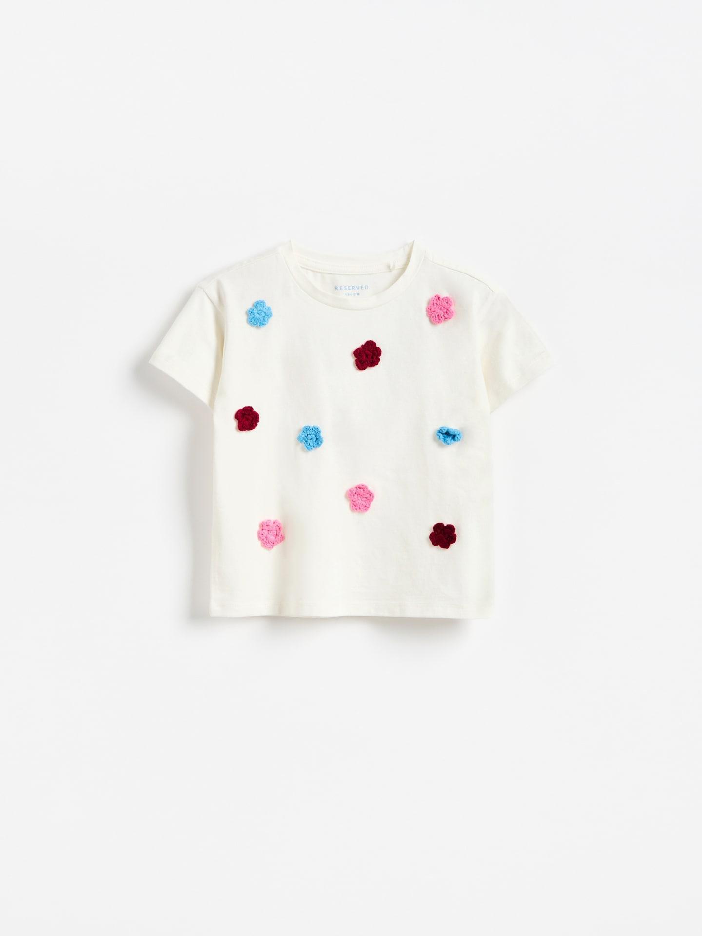 Cream Cotton T-Shirt With 3D Appliqu&atilde;&copy;, Ivory, medium