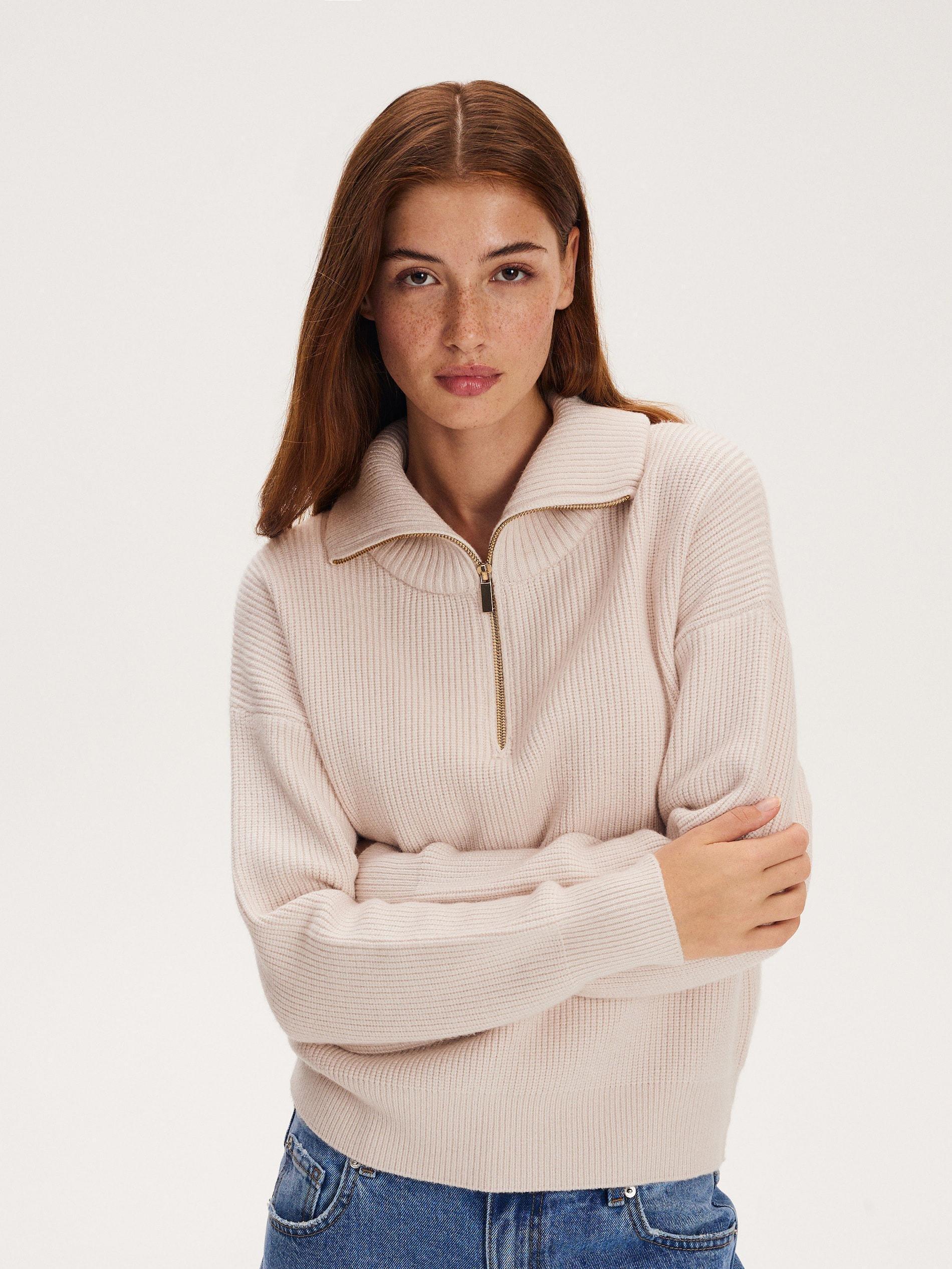 Ivory Zipped Turtleneck Sweater, , large image number 0