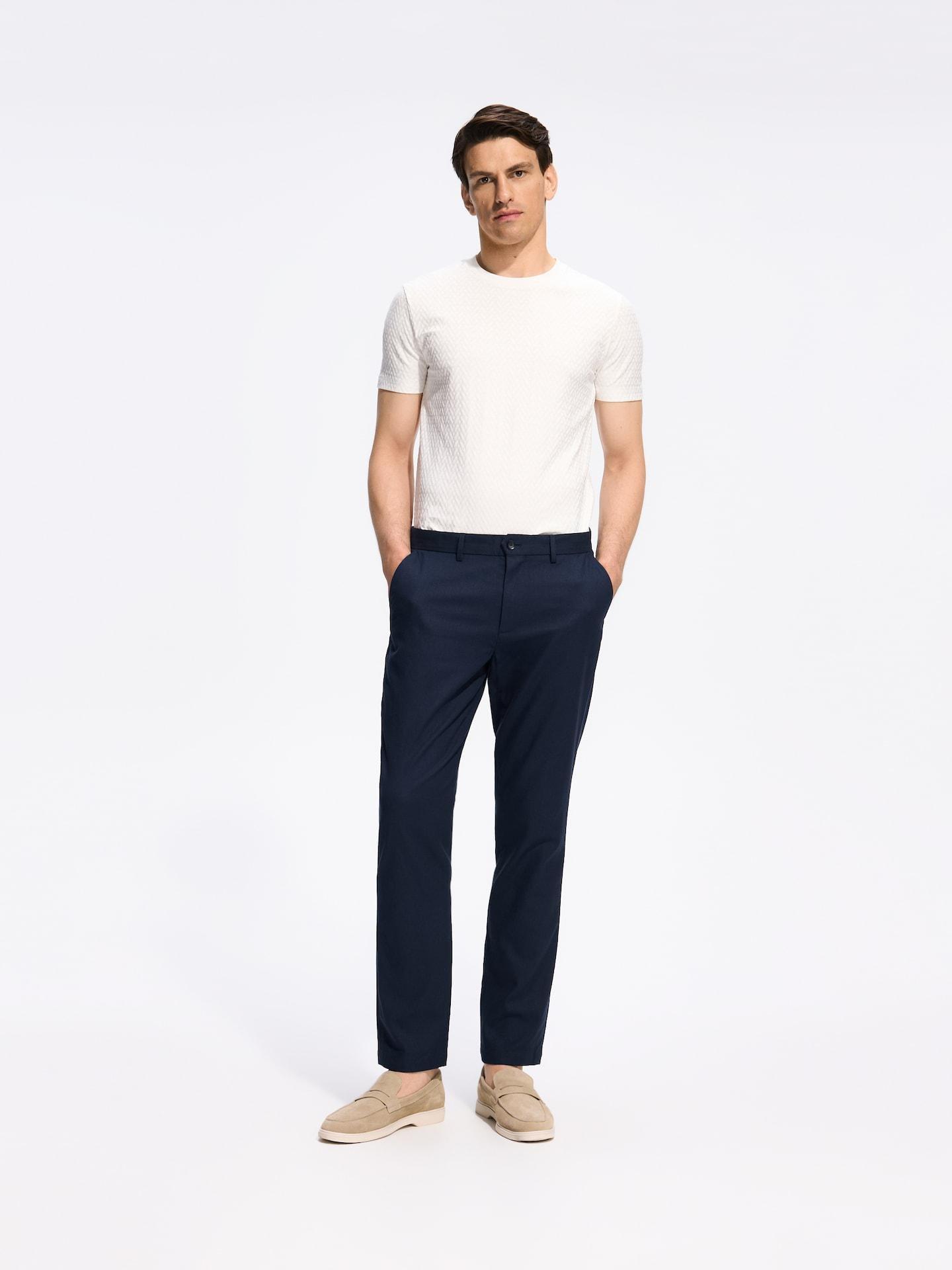 Navy Chino Slim Trousers With Linen Blend, Navy, medium
