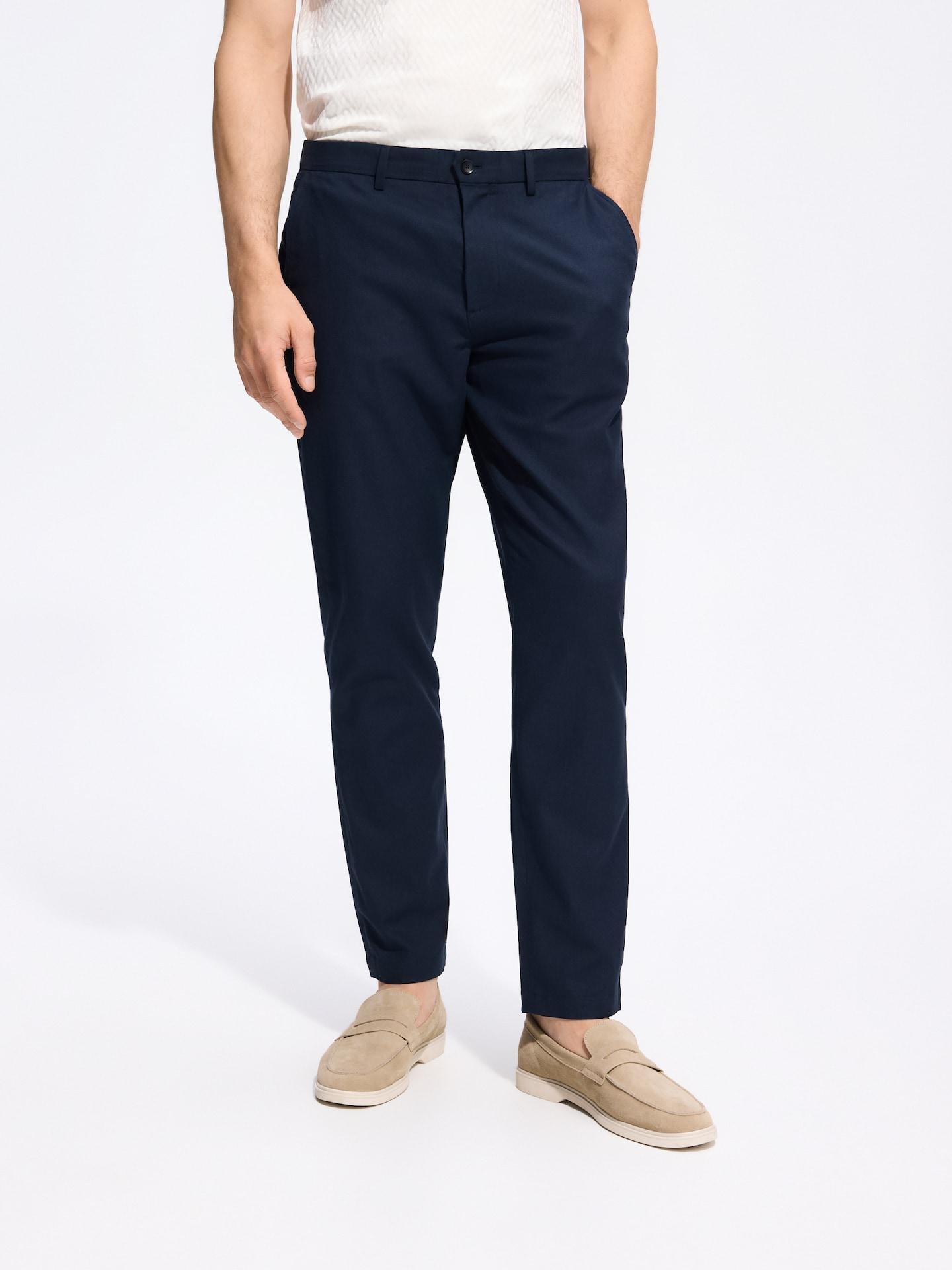 Navy Chino Slim Trousers With Linen Blend, Navy, medium