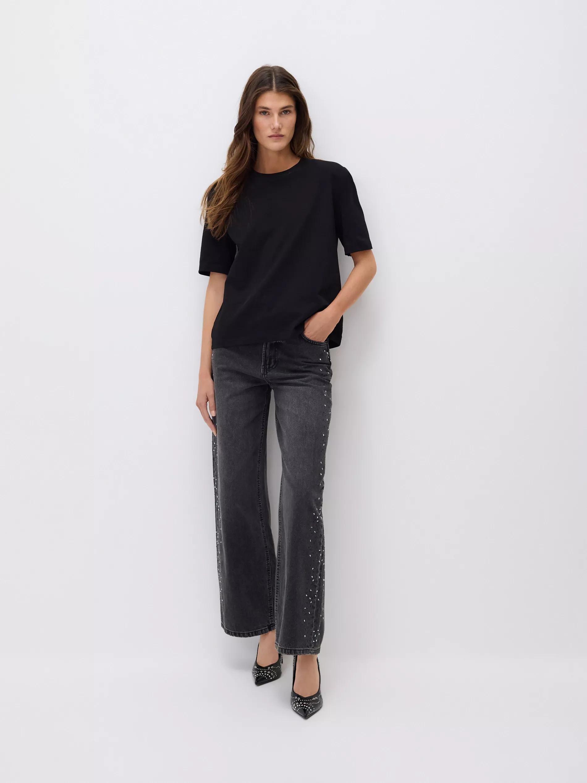 Black Straight Jeans With Applications, Black, large image number 0