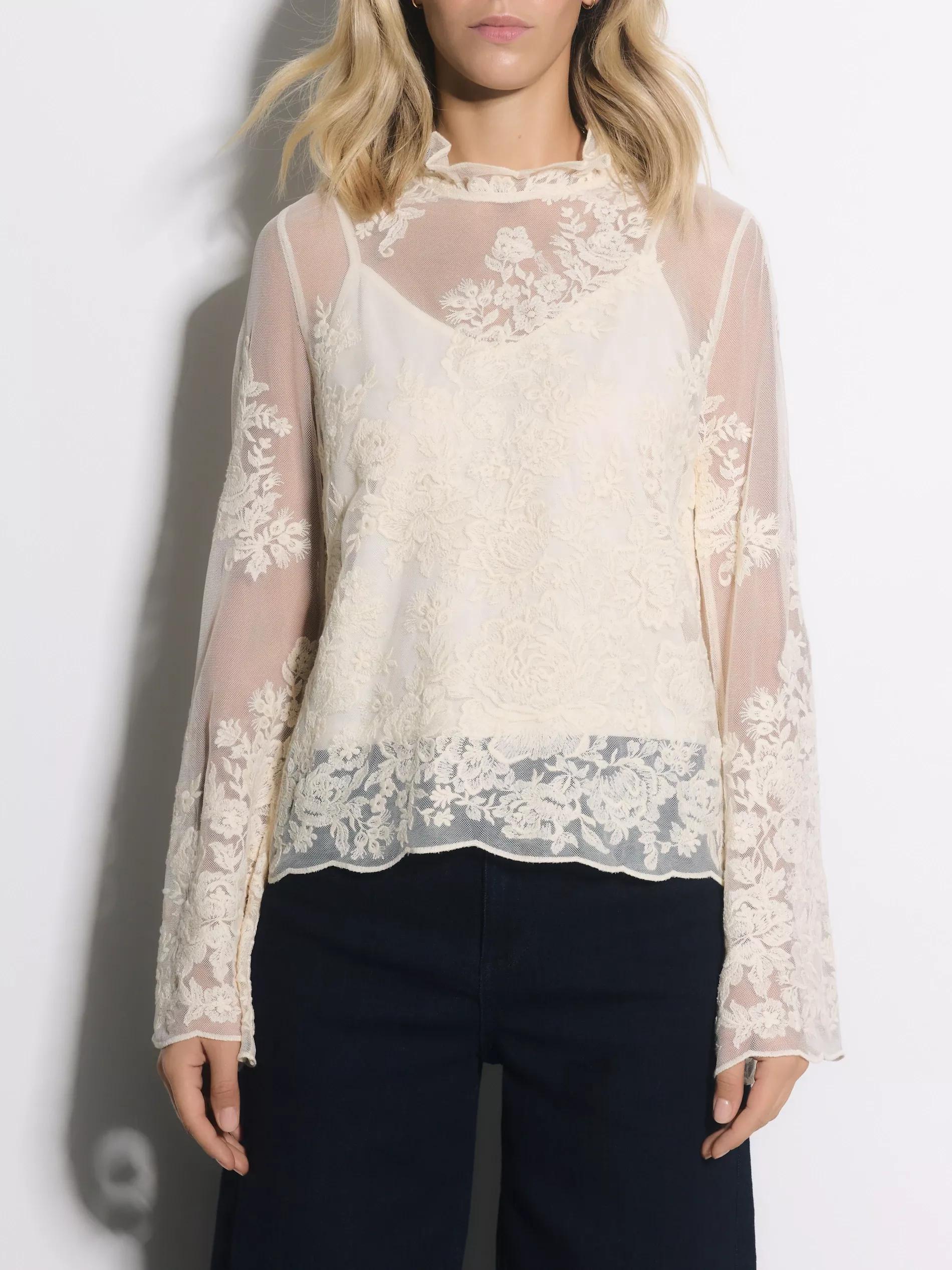 Beige Blouse With Embroidered Decoration, Ivory, large image number 0