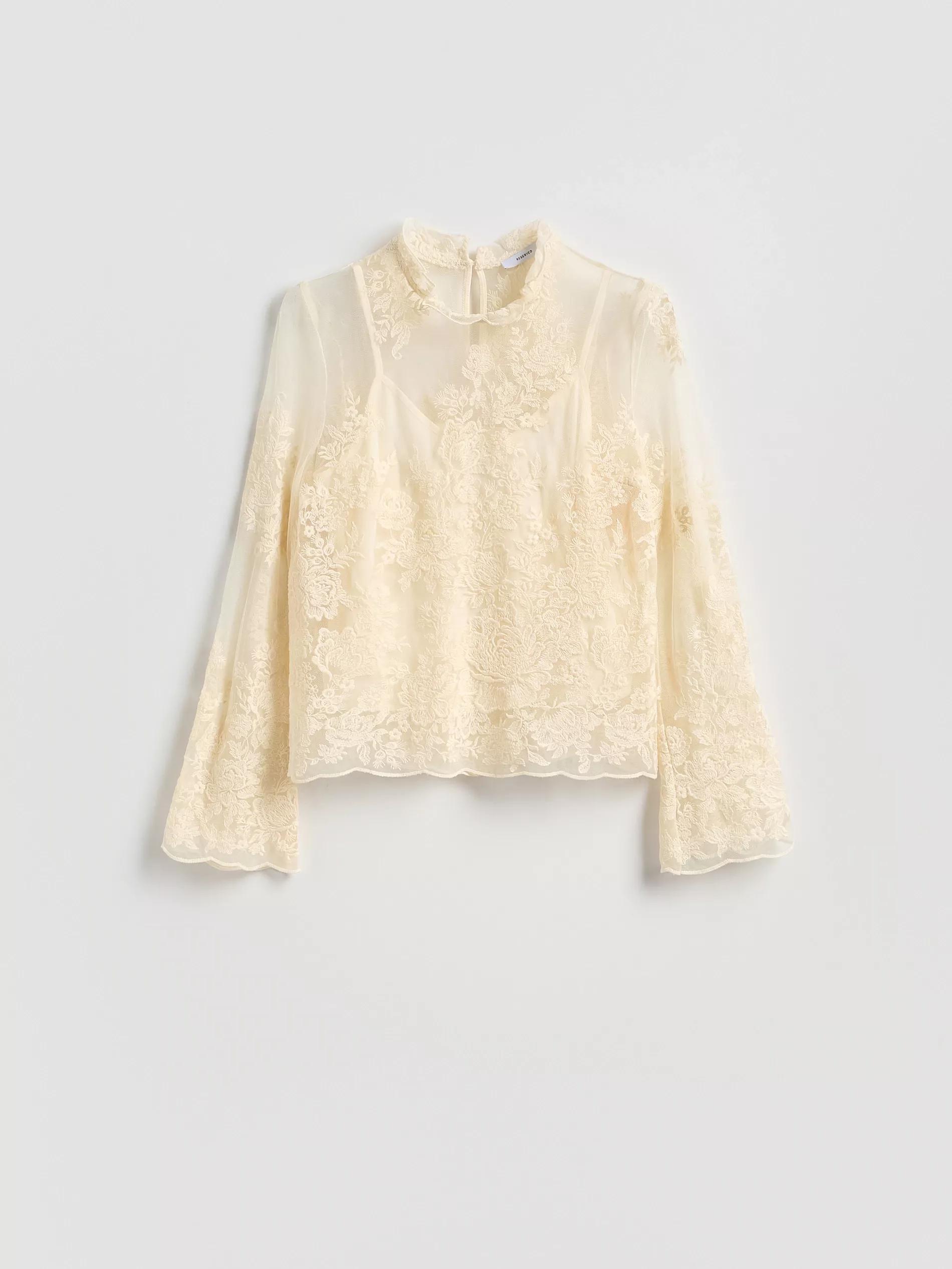 Beige Blouse With Embroidered Decoration, Ivory, large image number 3