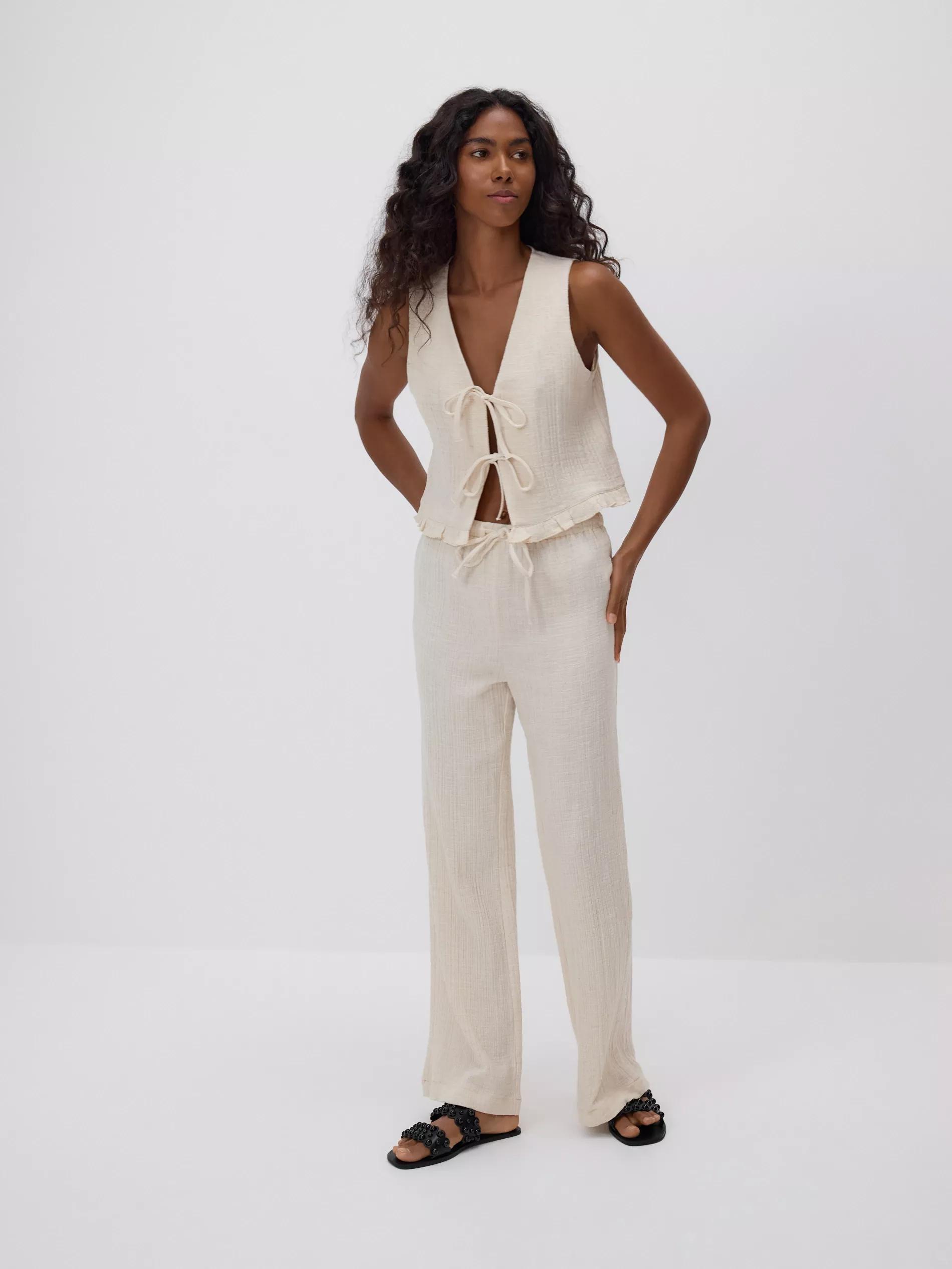 Beige Tied Linen-Blend Vest, , large image number 1