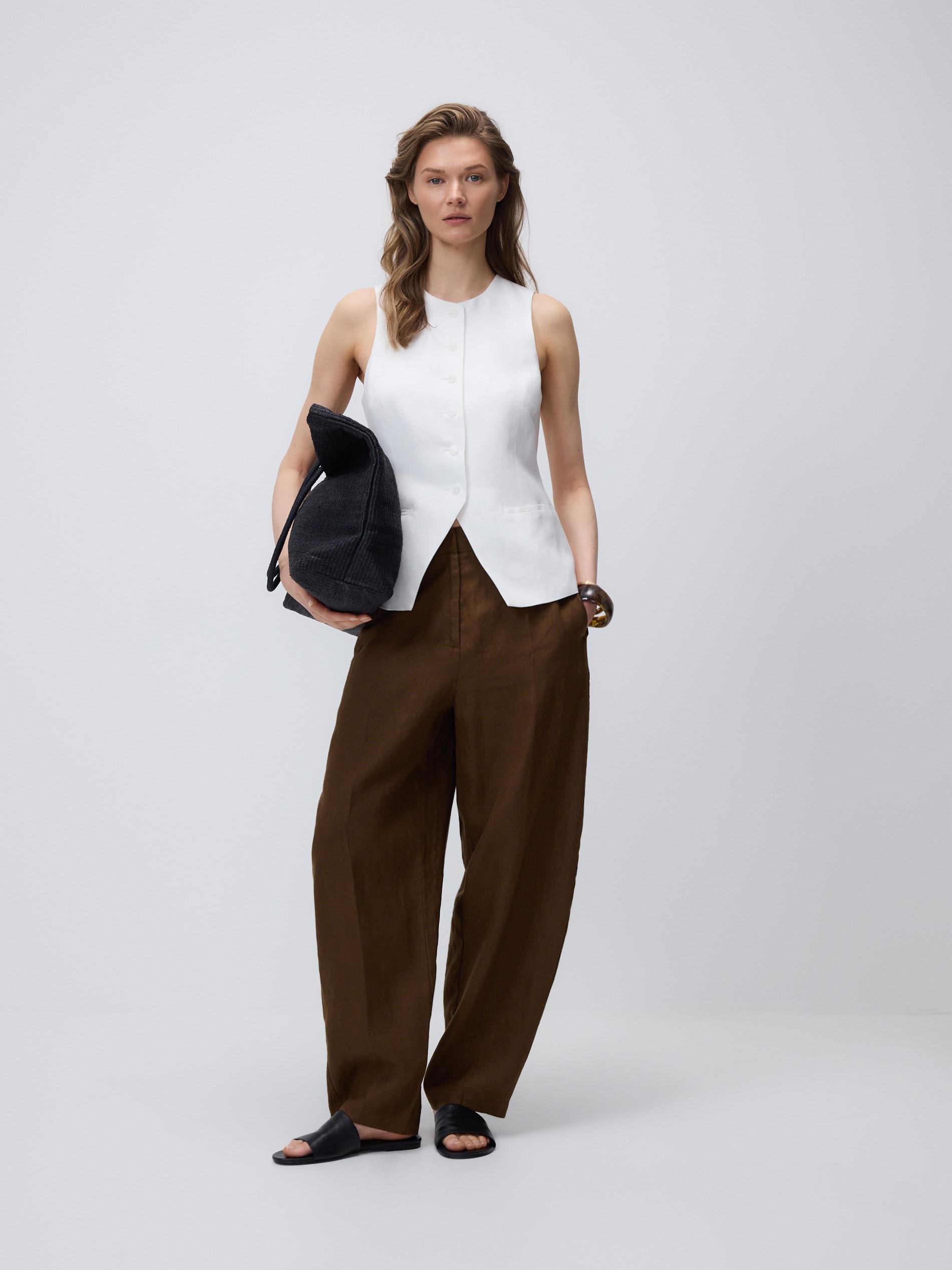 Brown Linen Barrel Leg Trousers, Brown, large image number 0