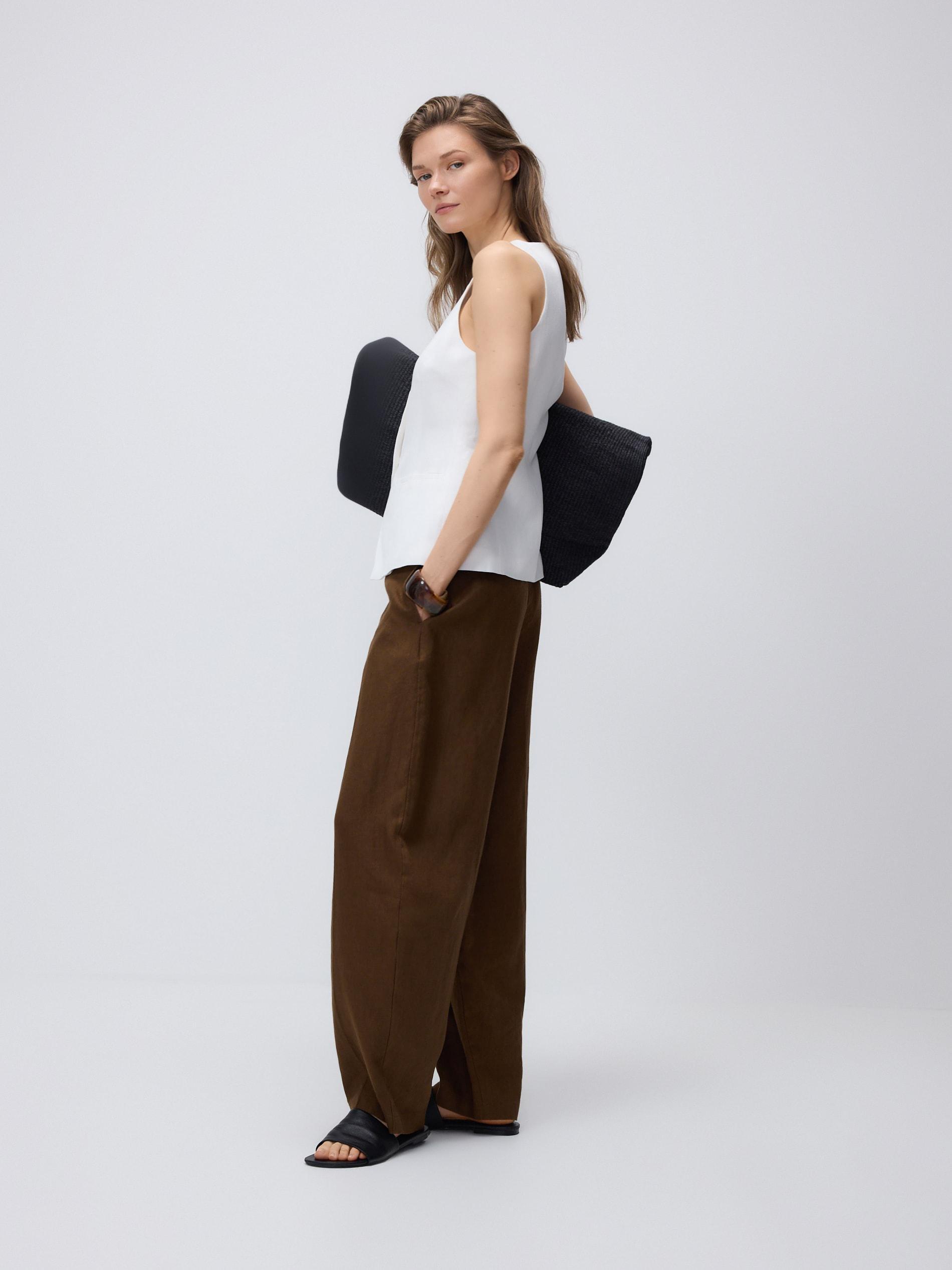 Brown Linen Barrel Leg Trousers, Brown, large image number 1